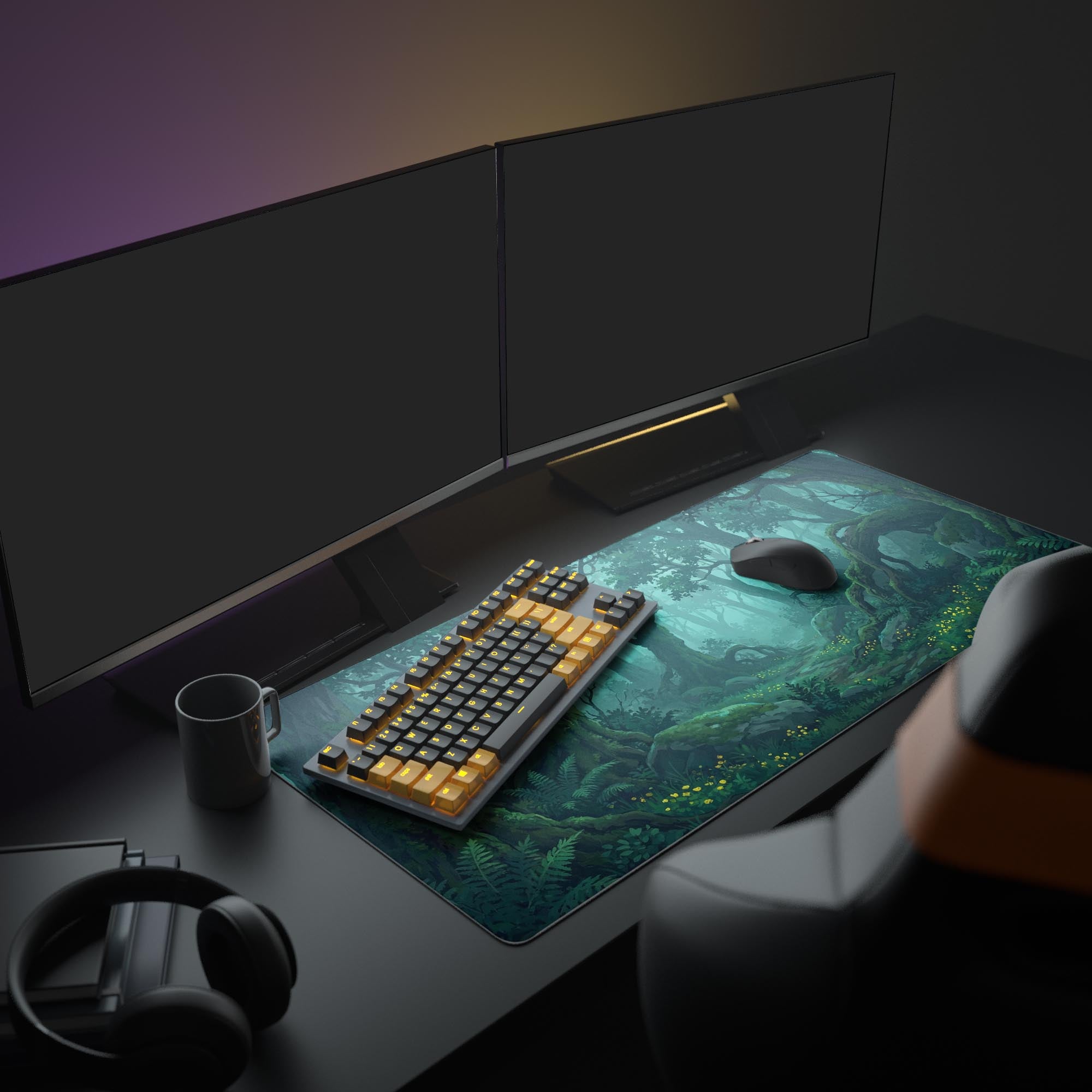 Large Verdant Path forest gaming mouse pad in a cozy desk setup with dual monitors, headphones, and a mechanical keyboard. - Epic Design Pads & Mousepads