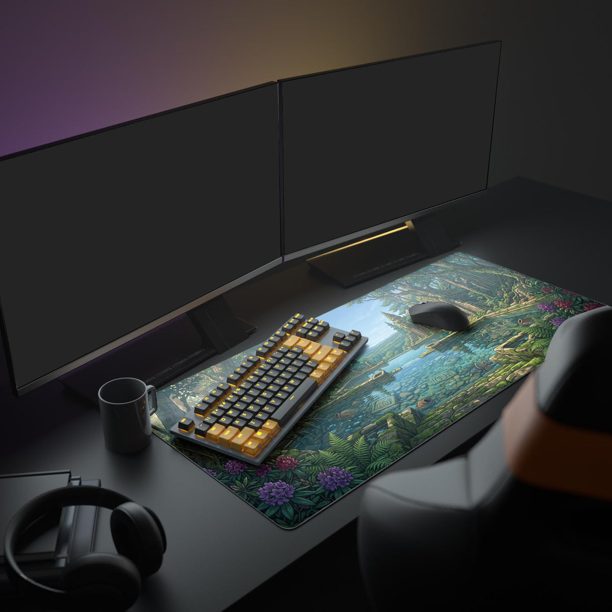An immersive PC setup featuring the Verdant Relic XL mouse pad. The ancient ruins artwork provides a beautiful backdrop for a gaming keyboard and other peripherals. - Epic Design Pads & Mousepads