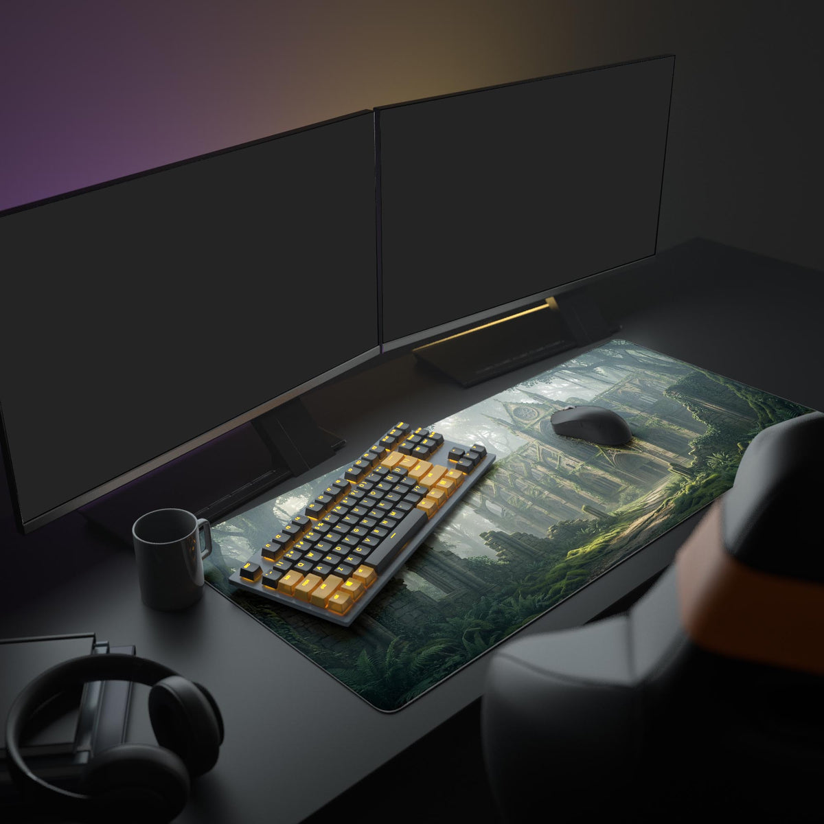 A full gaming setup featuring the Verdant Ruins desk mat, creating a Dark Academia aesthetic with multiple monitors and glowing peripherals. - Epic Design Pads & Mousepads