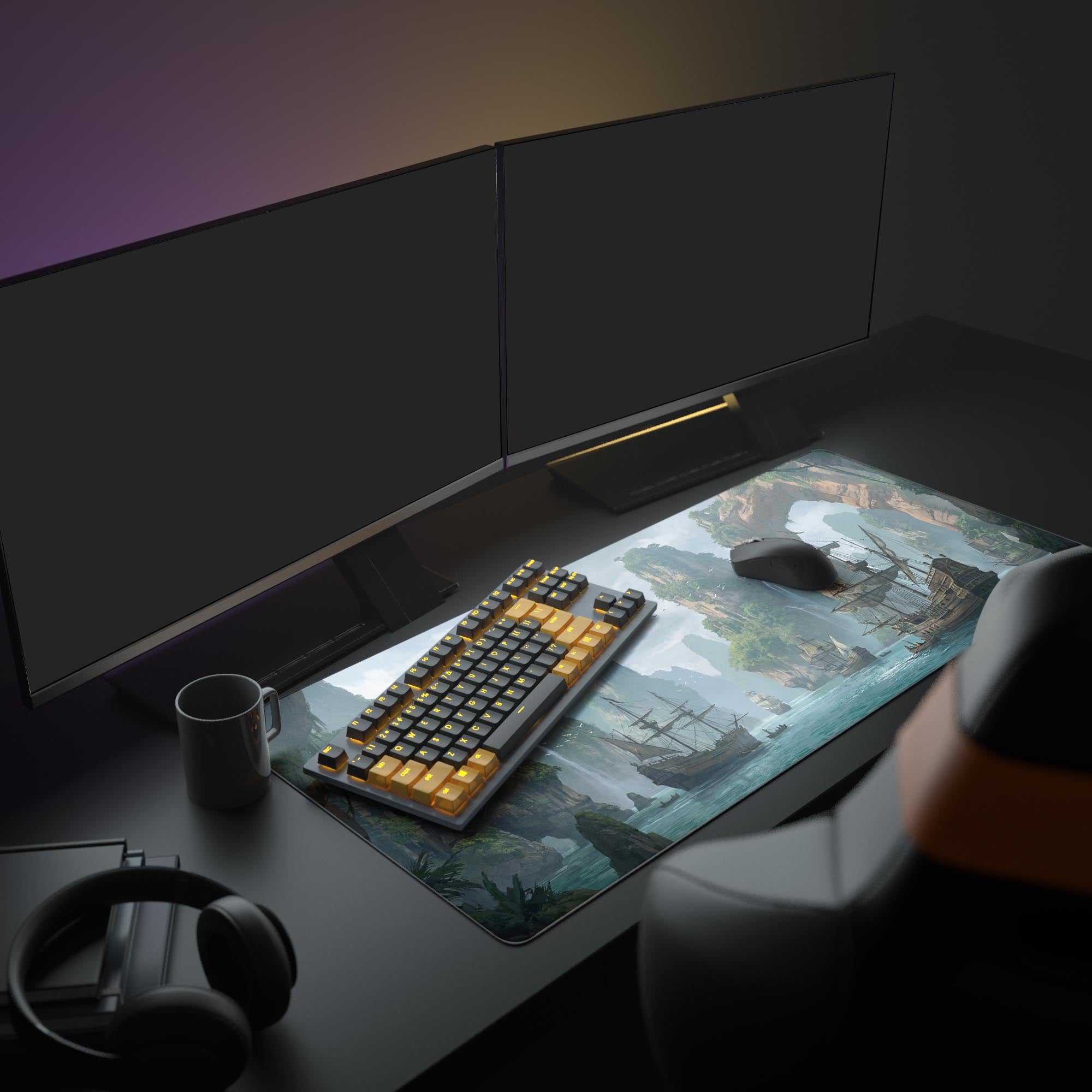 A full PC gaming setup featuring the Verdant Voyage mouse pad, its epic fantasy seascape with tall ships creating an immersive aesthetic with monitors. - Epic Design Pads & Mousepads