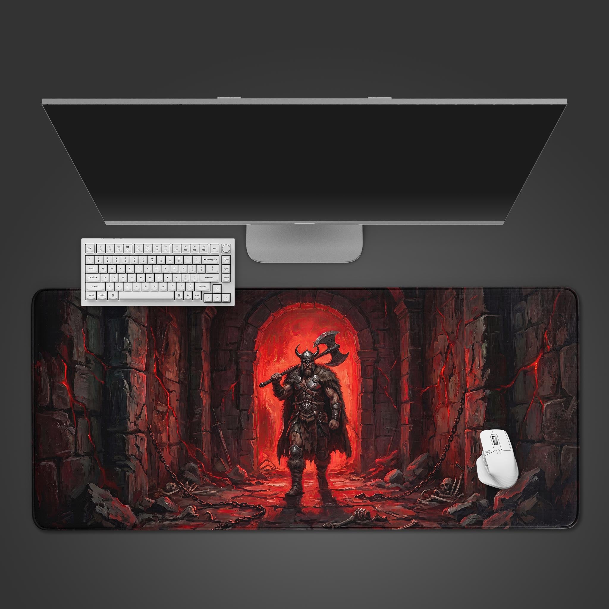 Epic dark fantasy Viking warrior desk mat with glowing red dungeon doorway