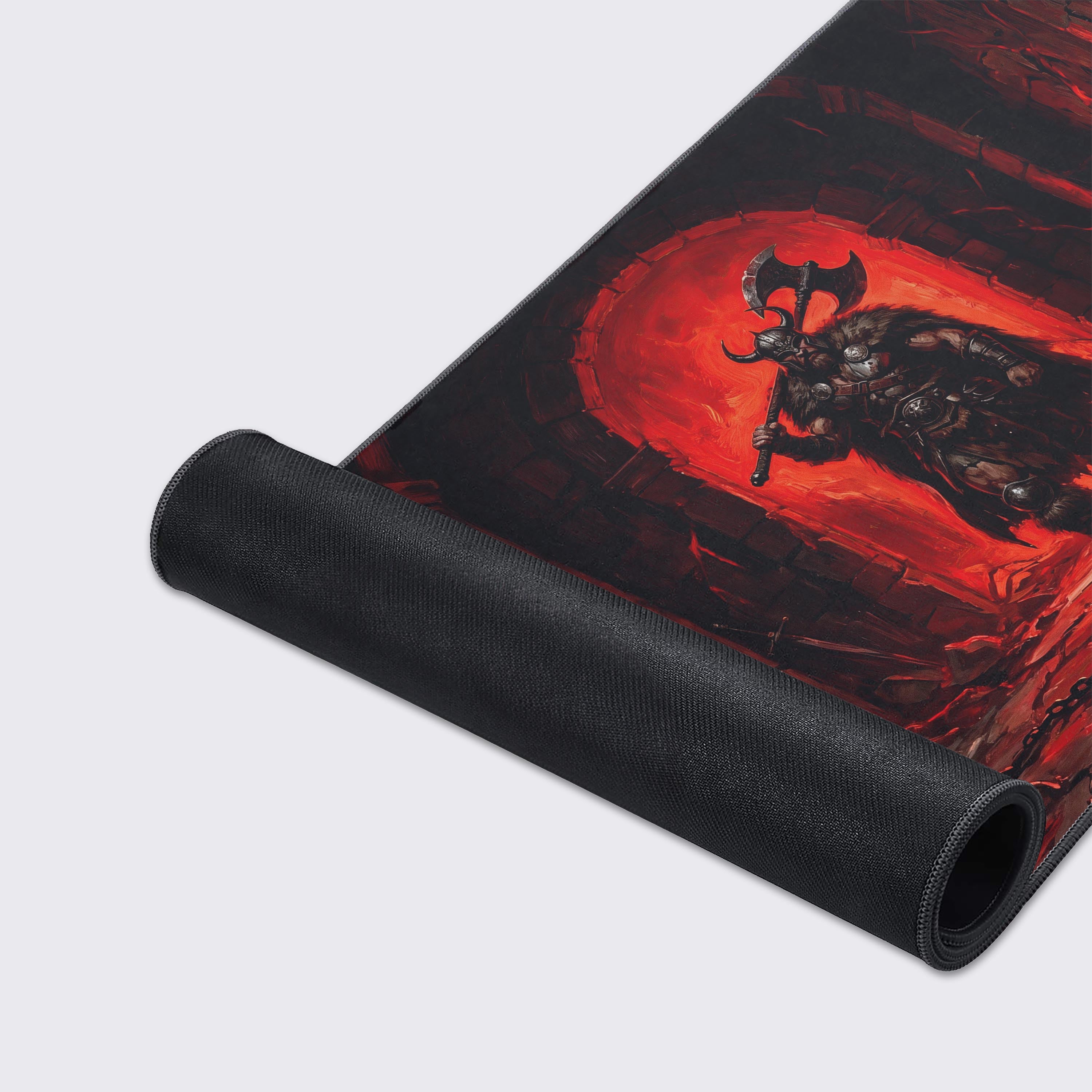 Detailed illustration of a dark fantasy dungeon with skulls and chains on a desk mat