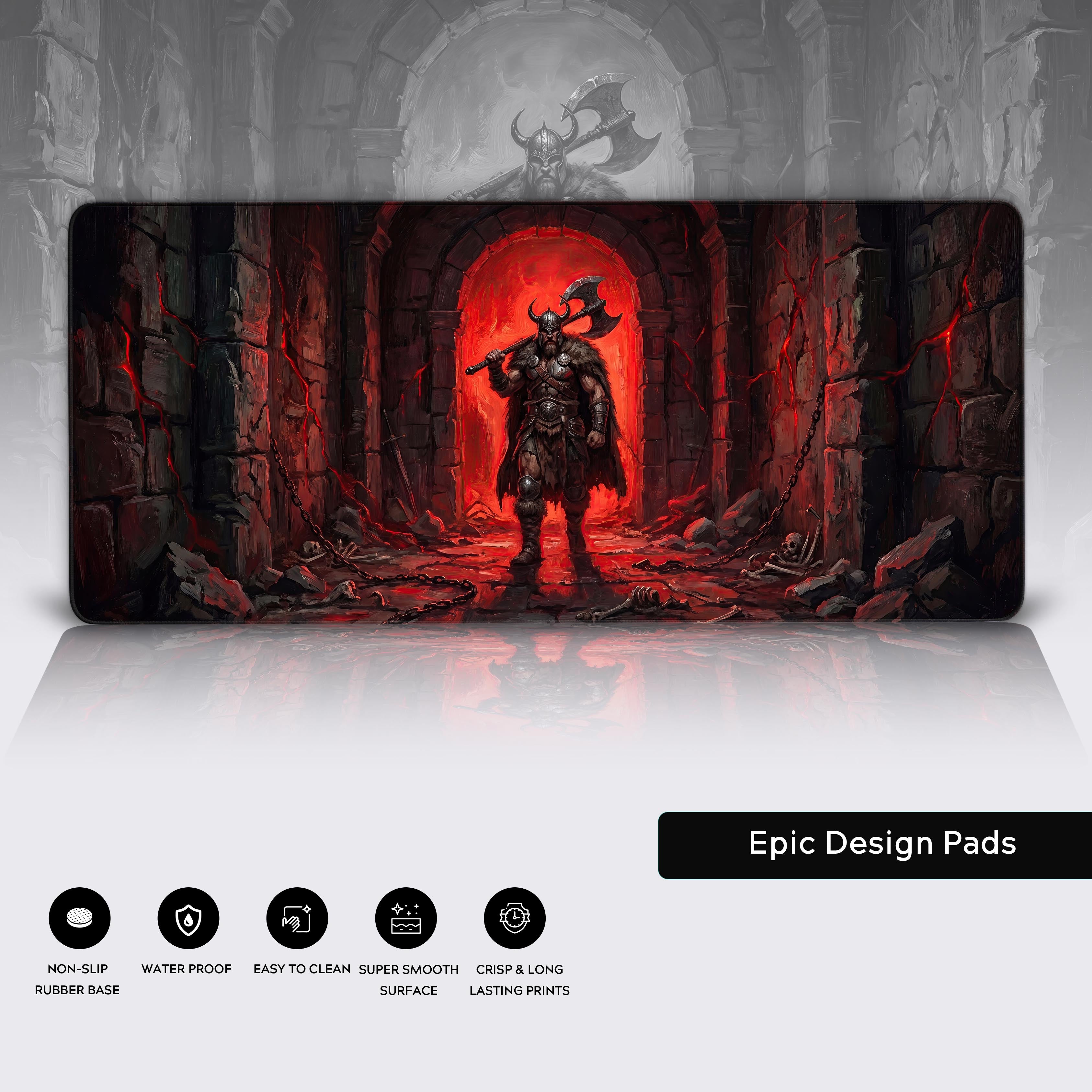 Crimson warrior desk mat highlighting waterproof and non-slip features for gaming setups