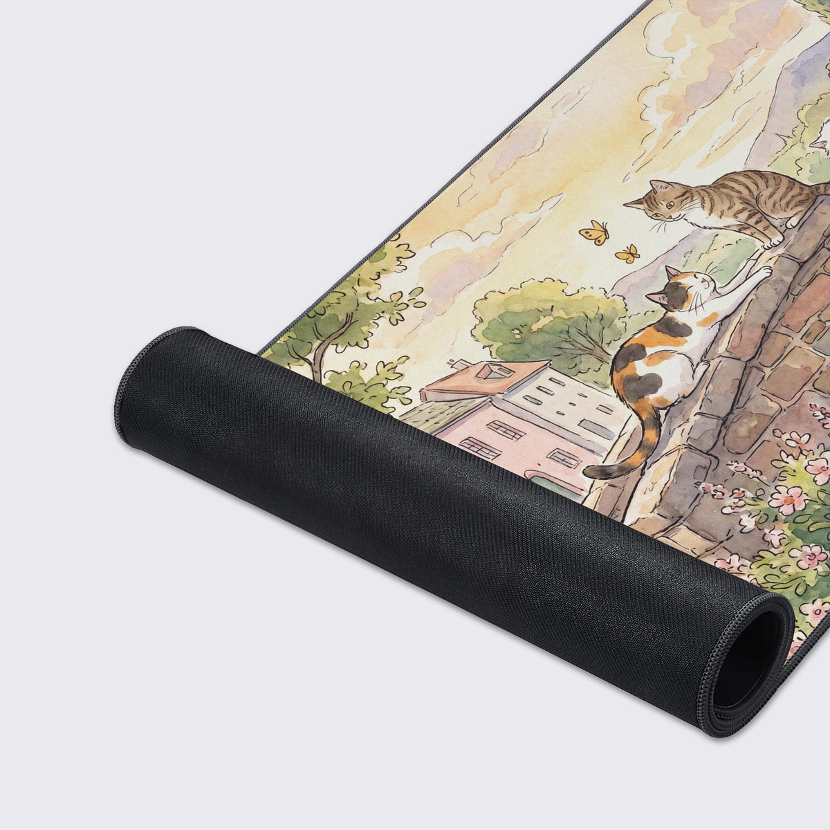 Product features of the watercolor cat mouse pad highlighting non-slip base, water-proof surface, and crisp prints