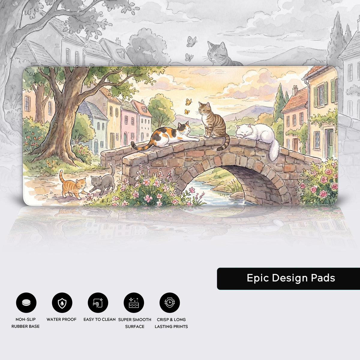 Calming pastel aesthetic desk mat with playful kittens and vintage village landscape art