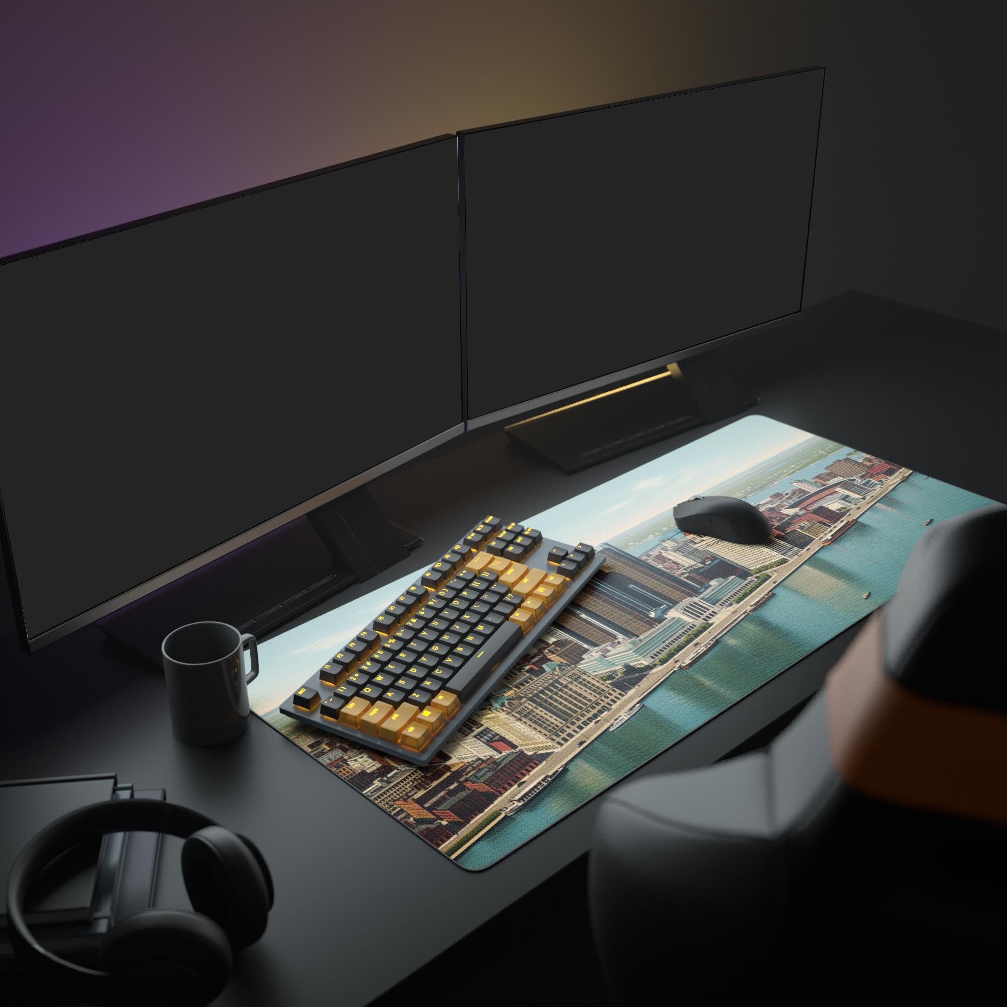 Large Vintage Detroit desk mat in a modern office setup with dual monitors, a mechanical keyboard, and headphones. - Epic Design Pads