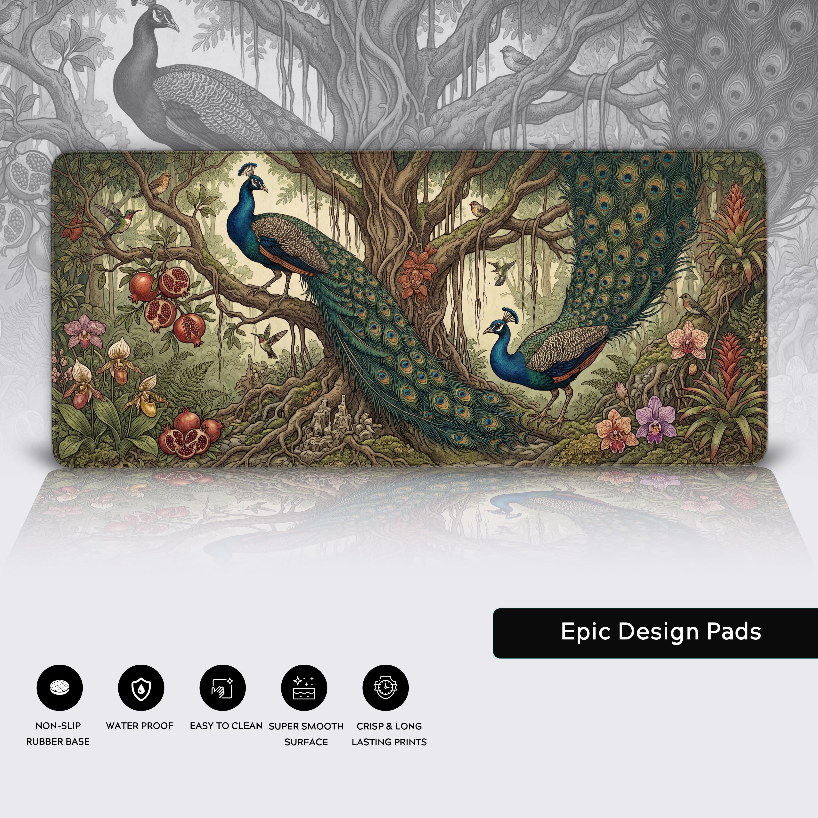 Features of the peacock desk pad showing non-slip rubber base, waterproof surface, and crisp print icons.