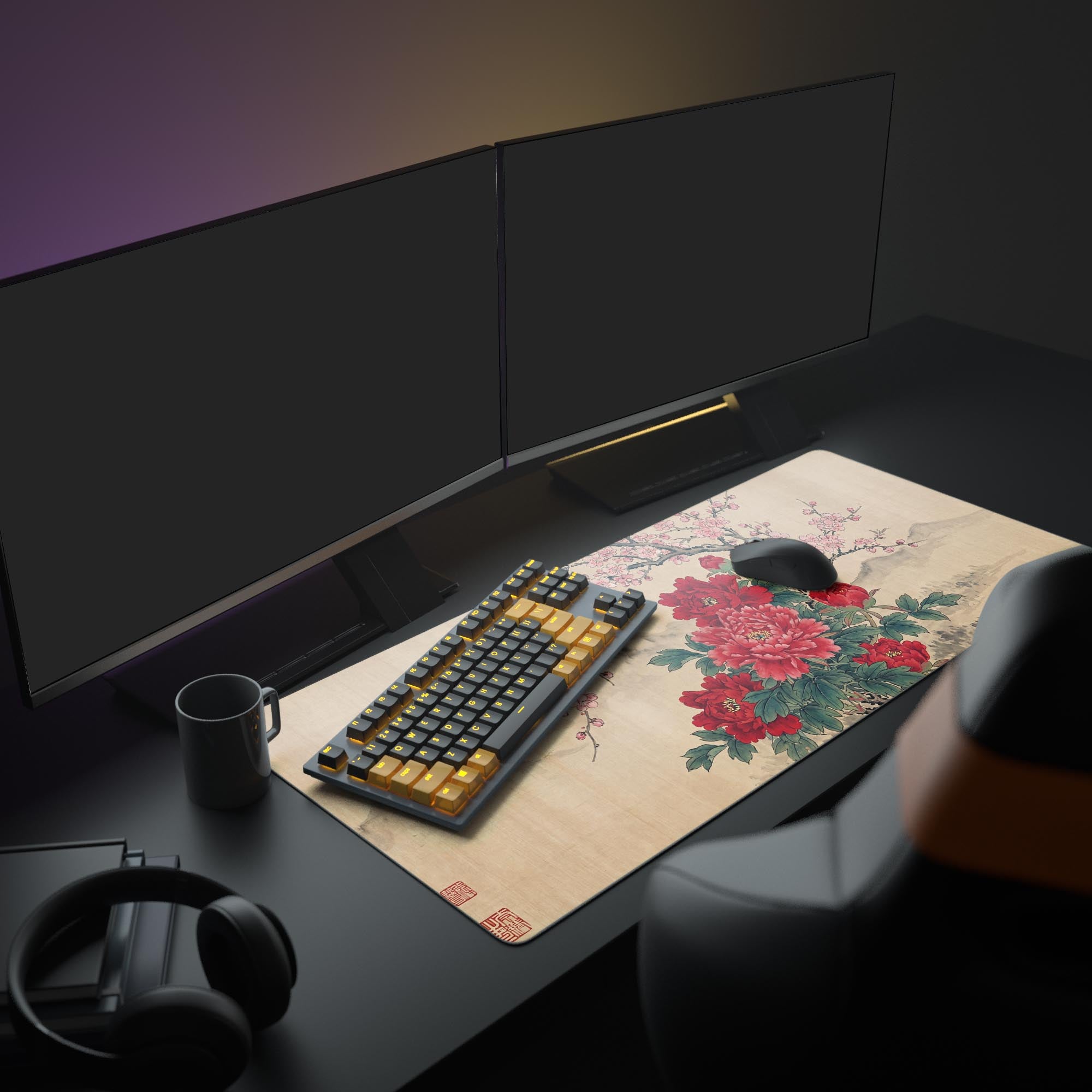 Large floral mouse pad featuring a vintage peony design. Shown in a cozy desk setup with dual monitors, headphones, and a notebook, adding an artistic touch to the workspace. - Epic Design Pads & Mousepads