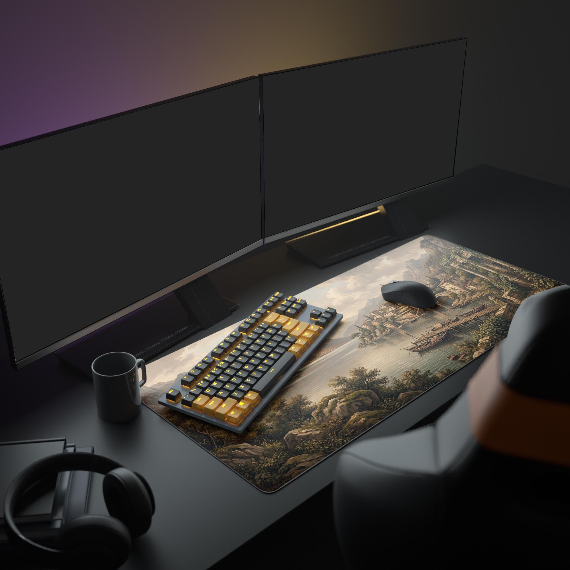 A cozy office setup showcasing the Vintage Shoreline mouse pad. The artistic landscape design complements the dual monitors and clean, minimalist peripherals, creating a serene workspace. - Epic Design Pads & Mousepads
