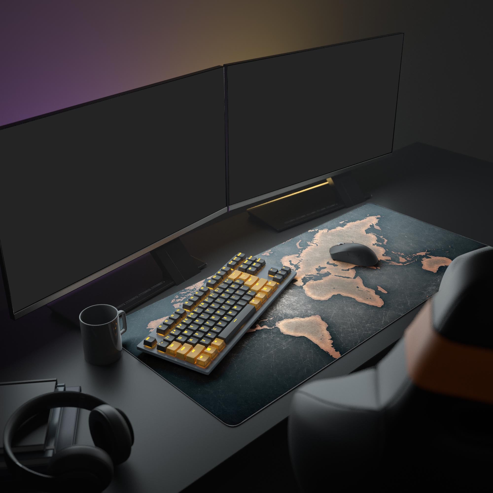 Large War's End gaming mouse pad with an epic knight design, showcased in a full battlestation with dual monitors and gaming peripherals. - Epic Design Pads & Mousepads