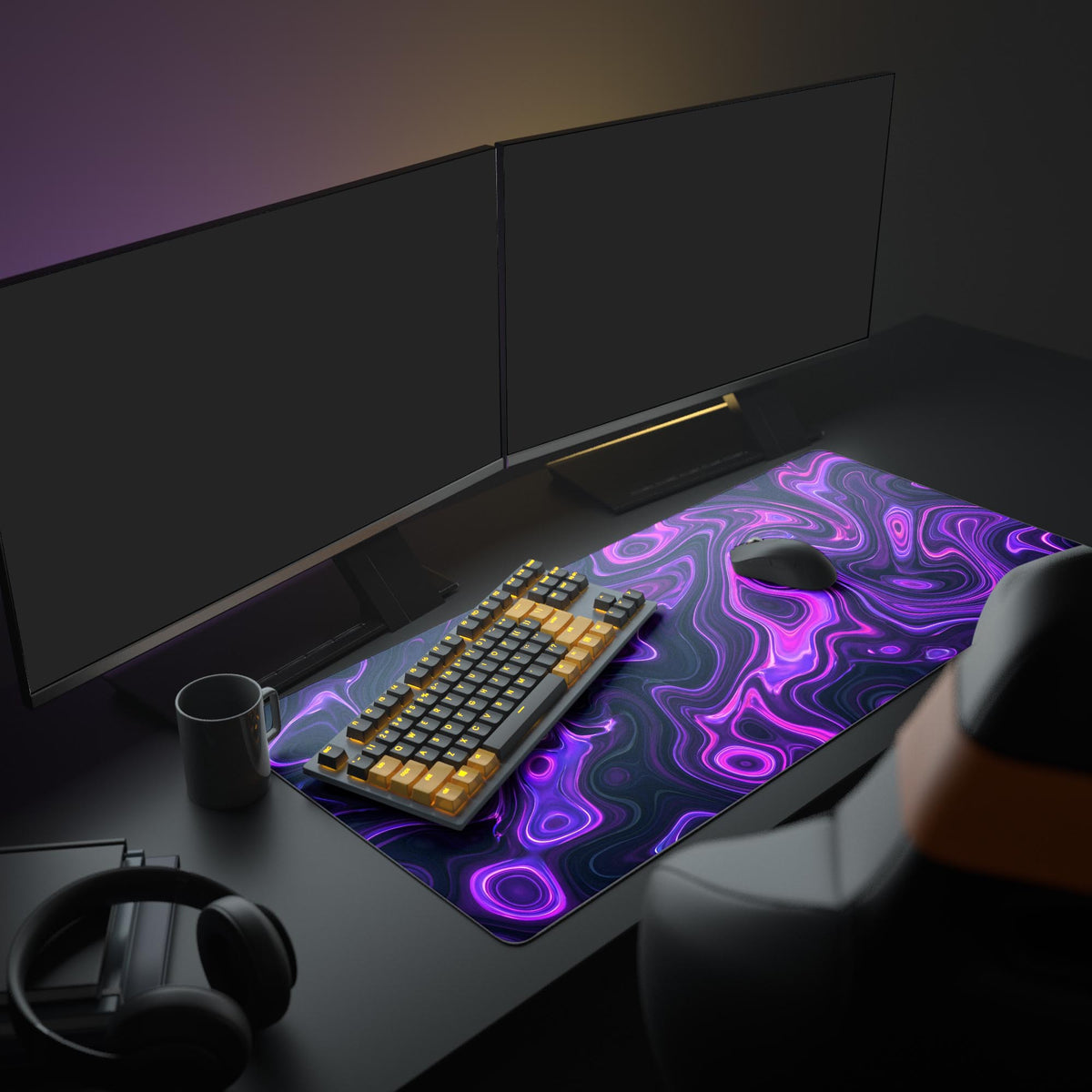 A creative workstation featuring the Violet Flux abstract mouse pad, complementing a large monitor and a modern white keyboard for a dynamic tech setup. - Epic Design Pads & Mousepads