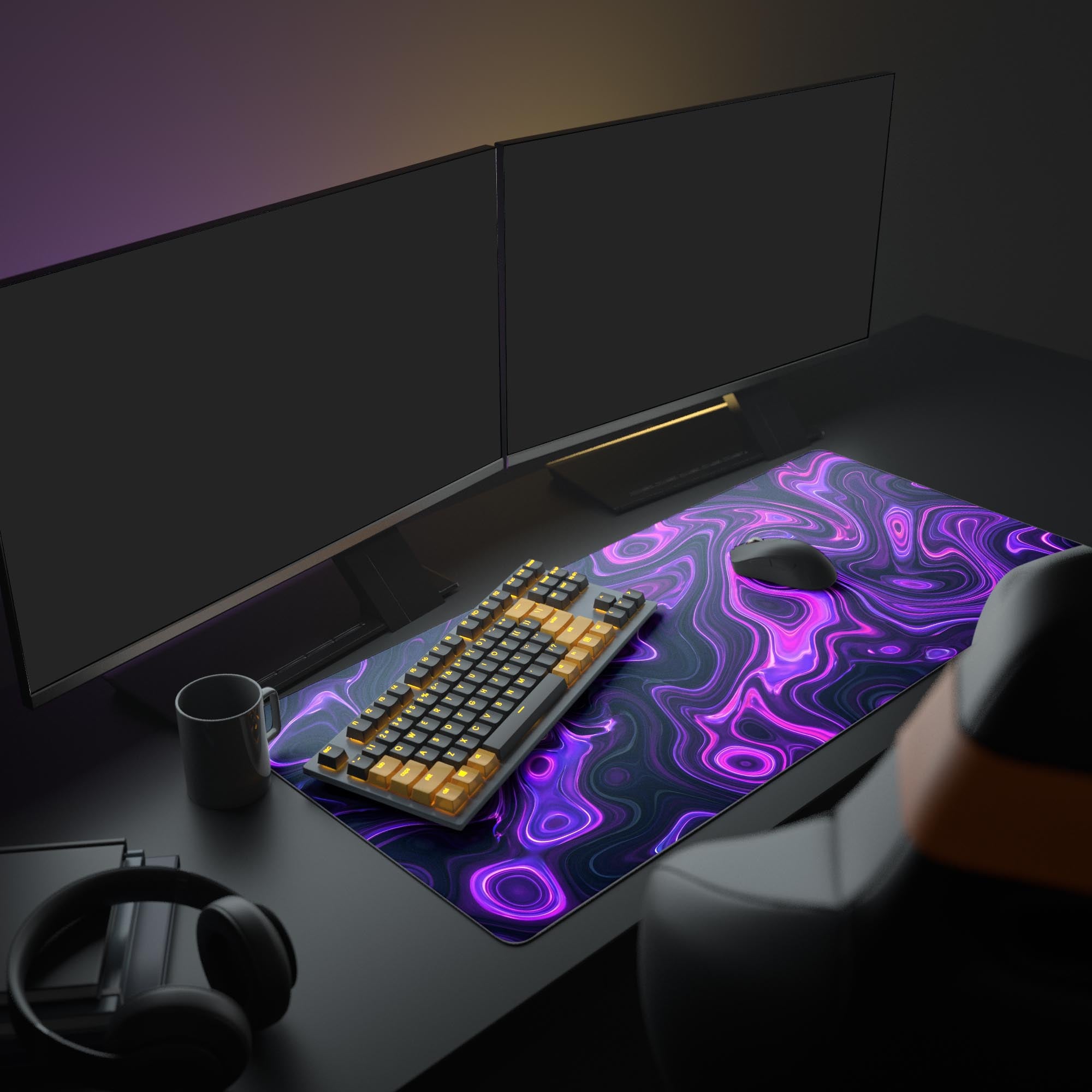 A creative workstation featuring the Violet Flux abstract mouse pad, complementing a large monitor and a modern white keyboard for a dynamic tech setup. - Epic Design Pads & Mousepads
