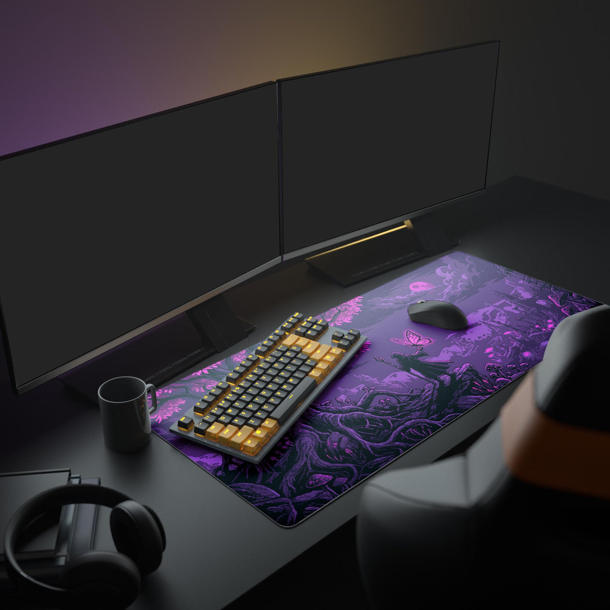 A full gaming setup showcasing the Violet Realm mouse pad, which depicts a fantasy wizard scene in purple pixel art, complementing multiple monitors and peripherals. - Epic Design Pads & Mousepads
