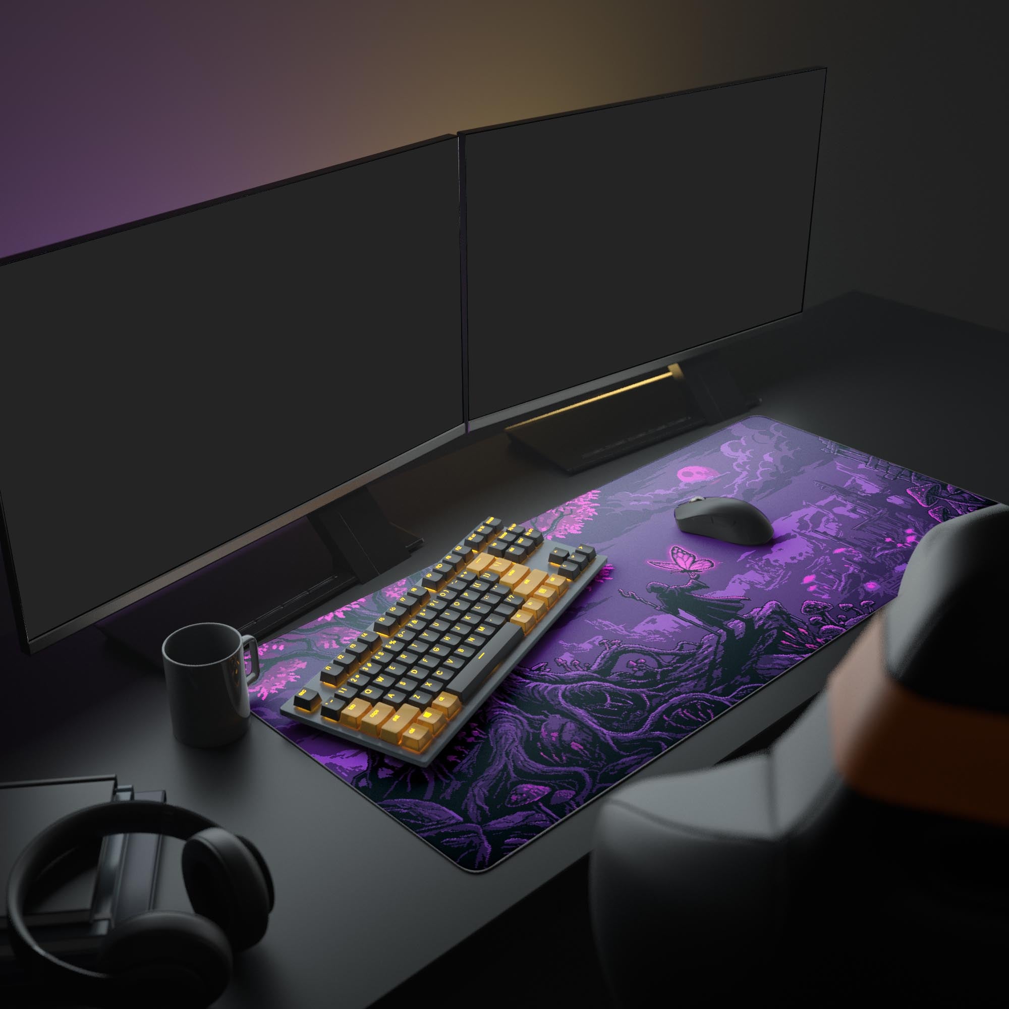 A full gaming setup showcasing the Violet Realm mouse pad, which depicts a fantasy wizard scene in purple pixel art, complementing multiple monitors and peripherals. - Epic Design Pads & Mousepads