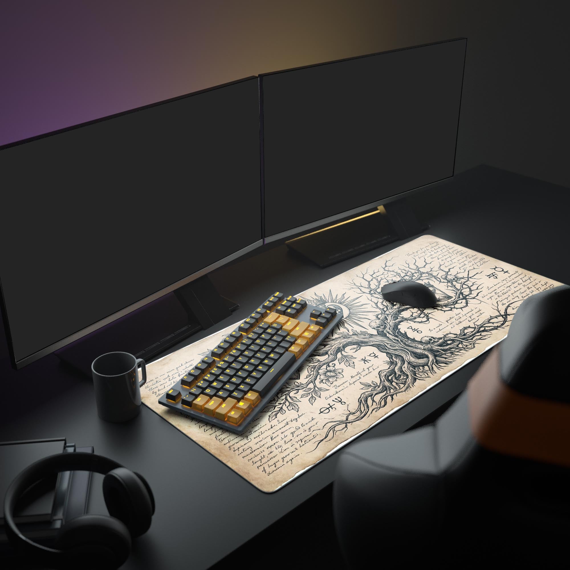 A full PC setup featuring the Vital Decay gaming mouse pad under a monitor, keyboard, and mouse, creating a dark academia aesthetic. - Epic Design Pads & Mousepads