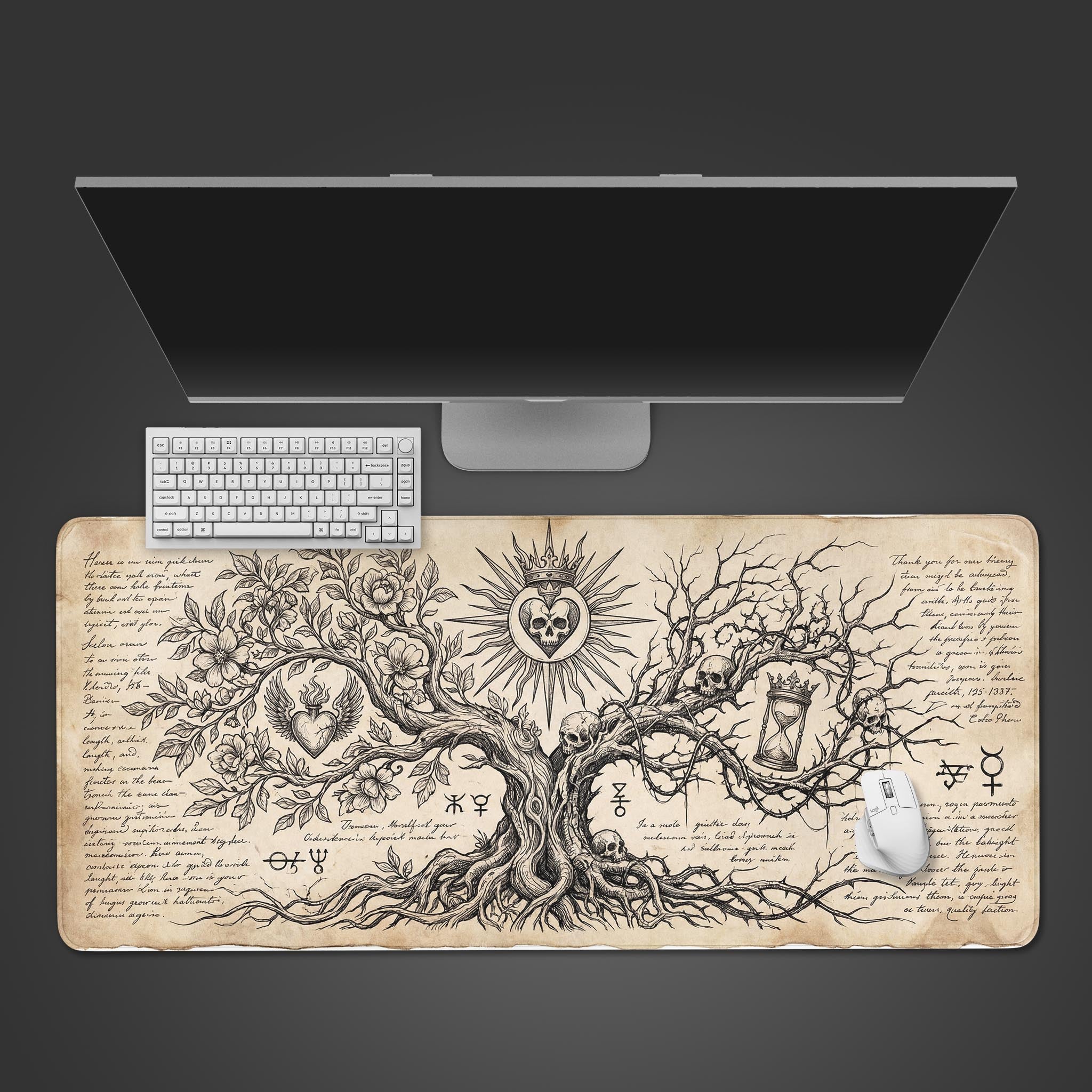 The Vital Decay gaming desk mat on a desk with a white keyboard and mouse, showcasing the intricate Tree of Life and Death design. - Epic Design Pads & Mousepads