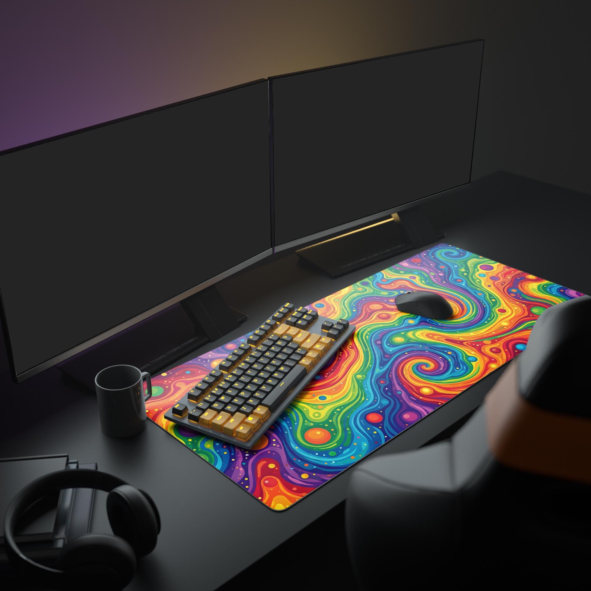 A creative PC setup featuring the colorful Vivid Chaos gaming desk mat, which provides a vibrant base for a glowing keyboard, mouse, and dual monitors. - Epic Design Pads & Mousepads