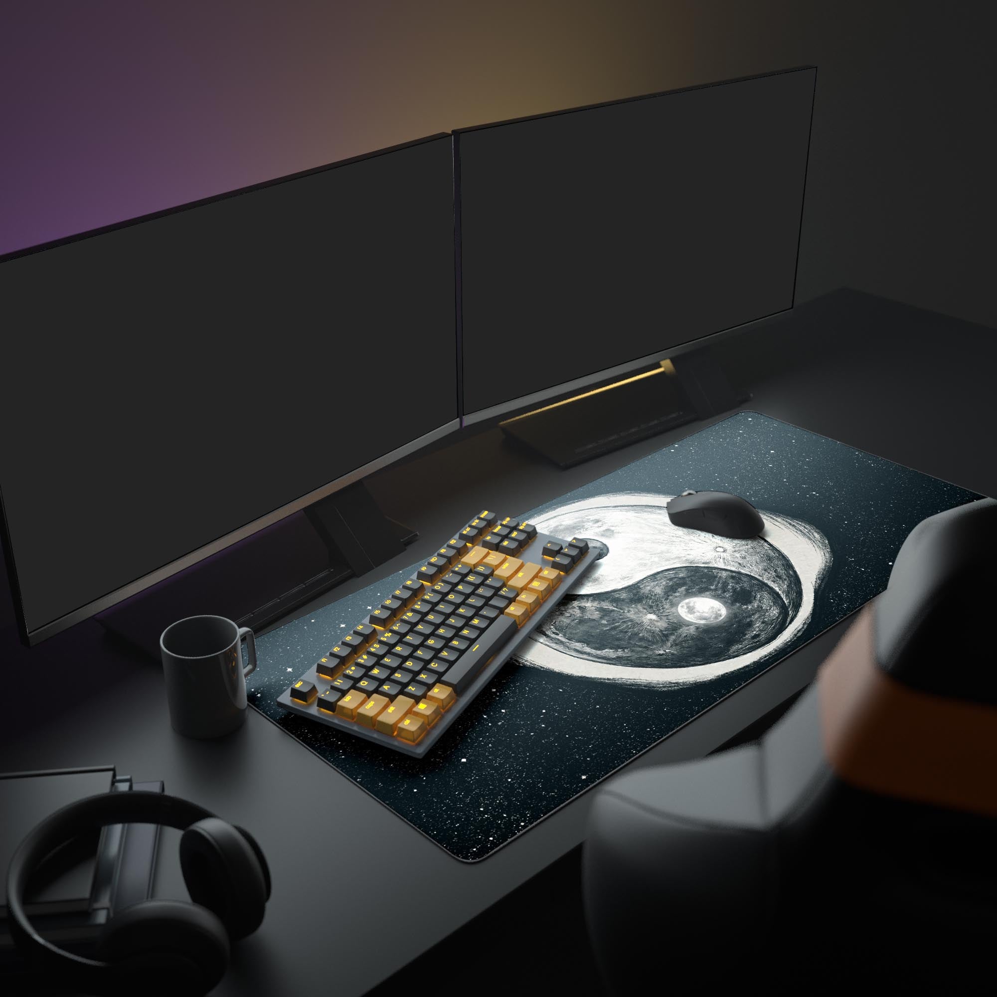 A complete PC gaming setup featuring the black and white Cosmic Yin Yang mouse pad, with dual monitors, an illuminated keyboard, and a mouse. - Epic Design Pads & Mousepads