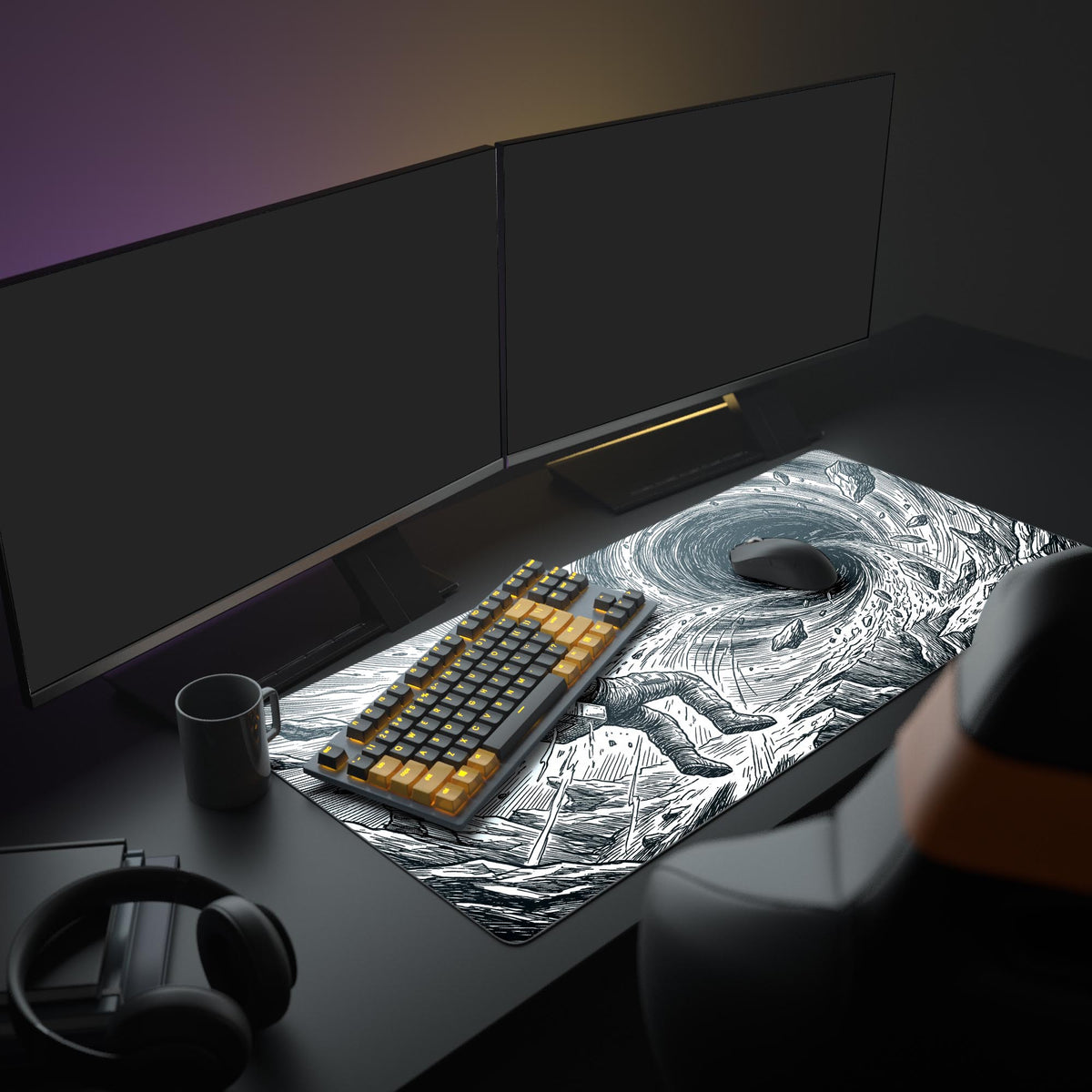 Void Astronaut desk mat in a dark gaming setup with a mechanical keyboard, a mouse and headphones
