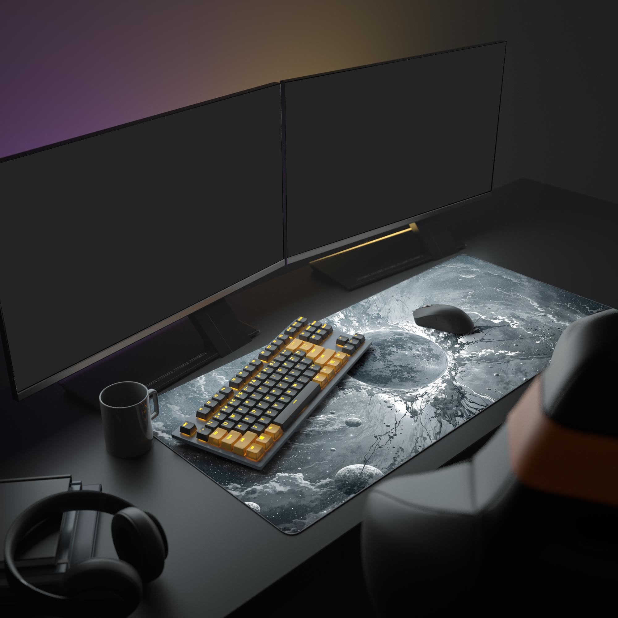 Large Void Burst gaming mousepad with cosmic space design, shown in a dark aesthetic gaming setup with dual monitors, keyboard, and headphones. - Epic Design Pads & Mousepads