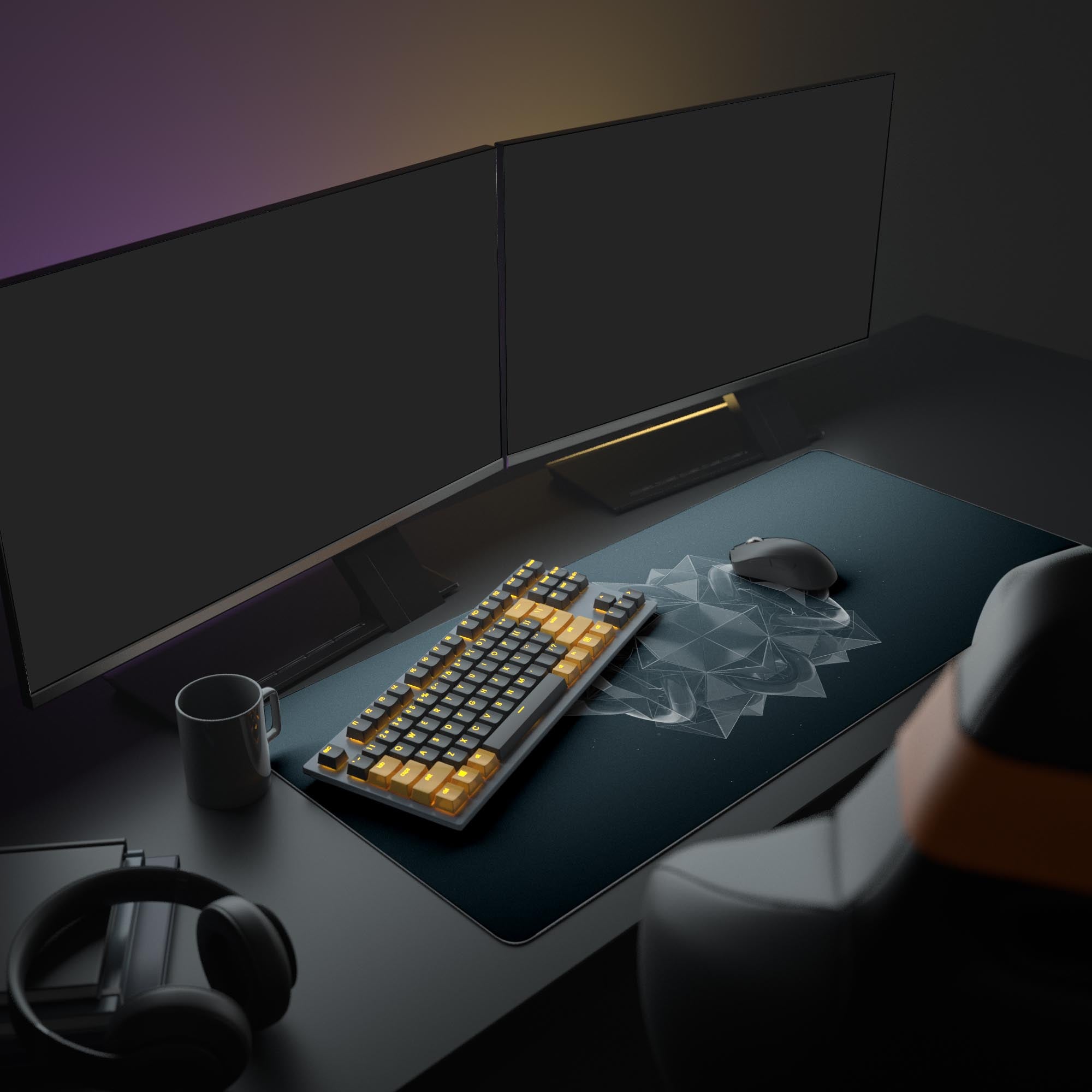 Large sci-fi desk mat with Void Core geometric design, featured in a modern tech workspace with dual monitors and a mechanical keyboard. - Epic Design Pads & Mousepads
