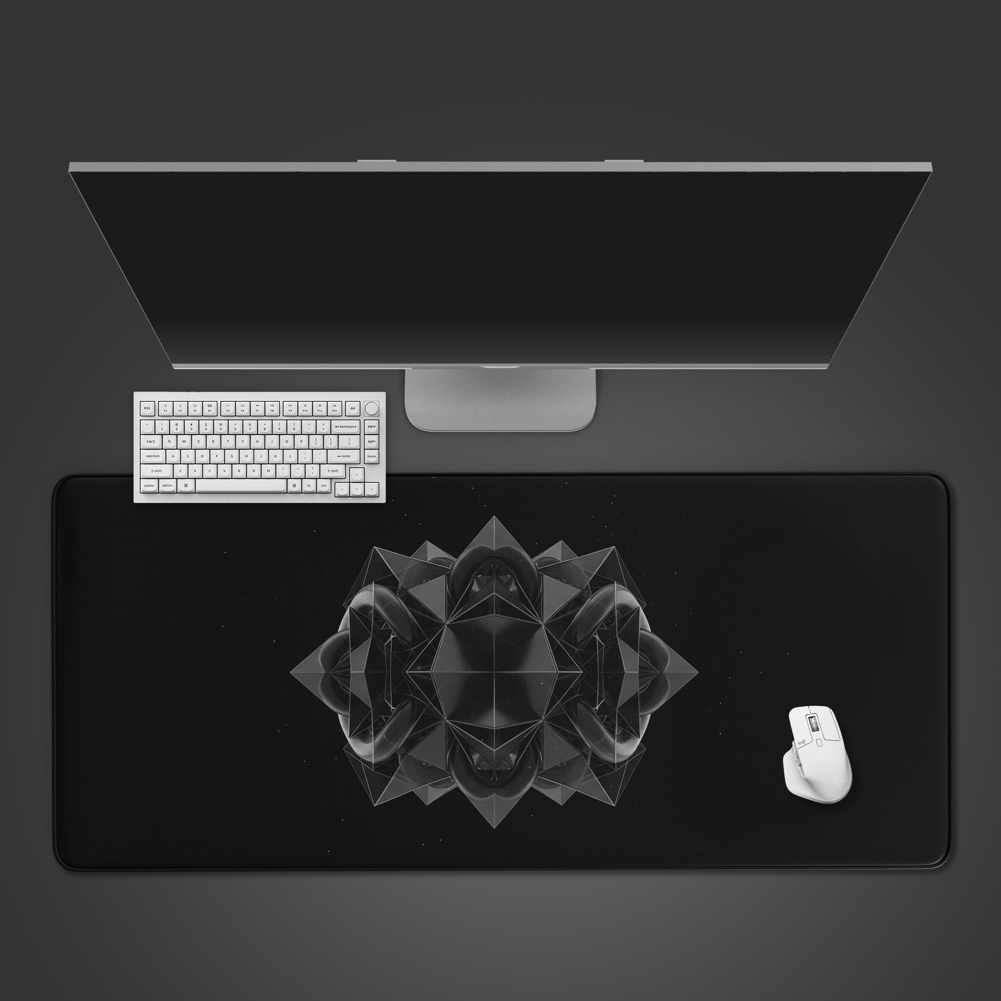 Void Core abstract desk mat with a monochrome crystalline design, shown from a top-down view with a black keyboard and mouse. - Epic Design Pads & Mousepads