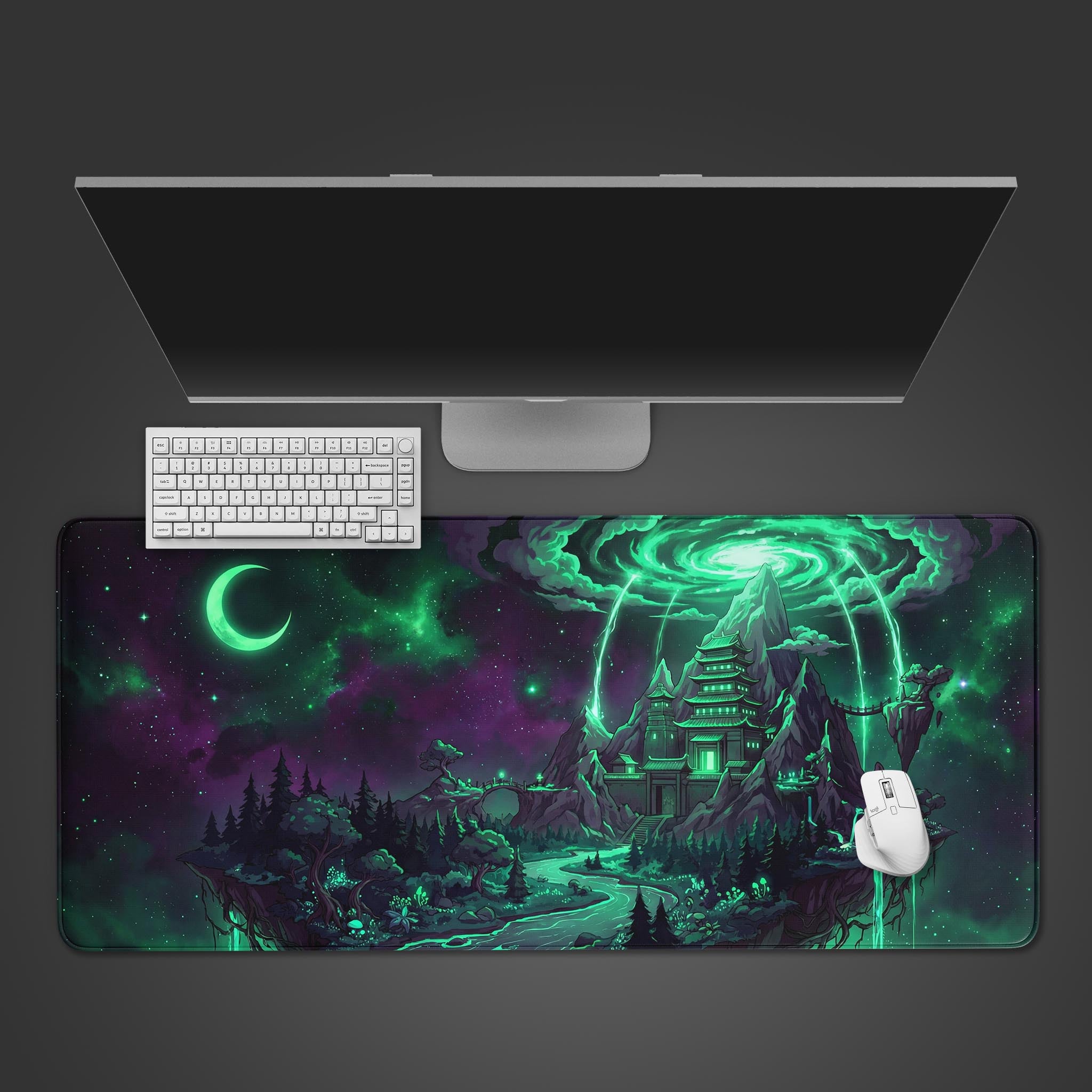 The Void Sanctum gaming desk mat shown from above, featuring its fantasy temple design under a computer monitor with a white keyboard and mouse. - Epic Design Pads & Mousepads