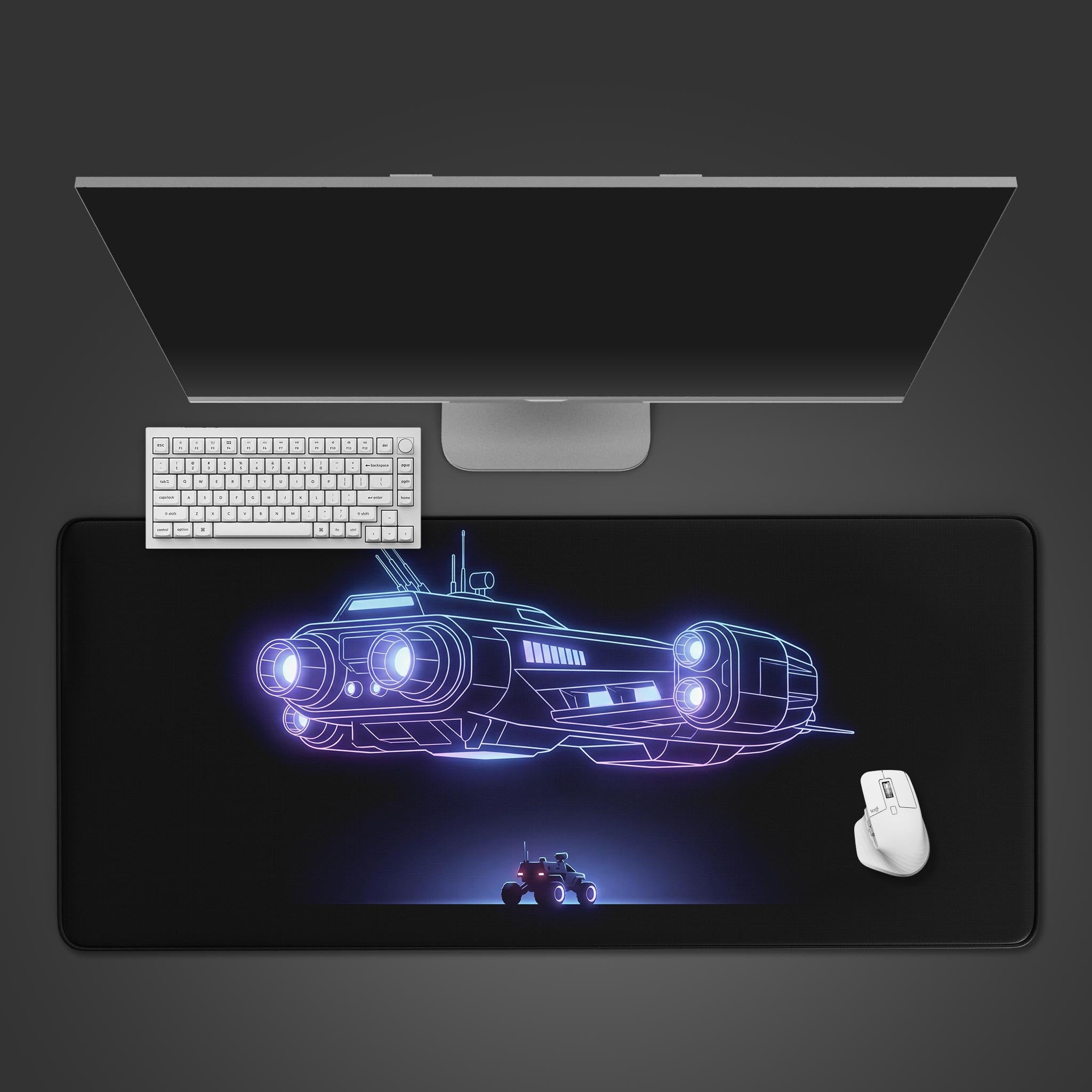 A top-down view of the Void Schematic gaming desk mat, featuring a glowing spaceship blueprint, with a white keyboard and mouse neatly arranged on it. - Epic Design Pads & Mousepads