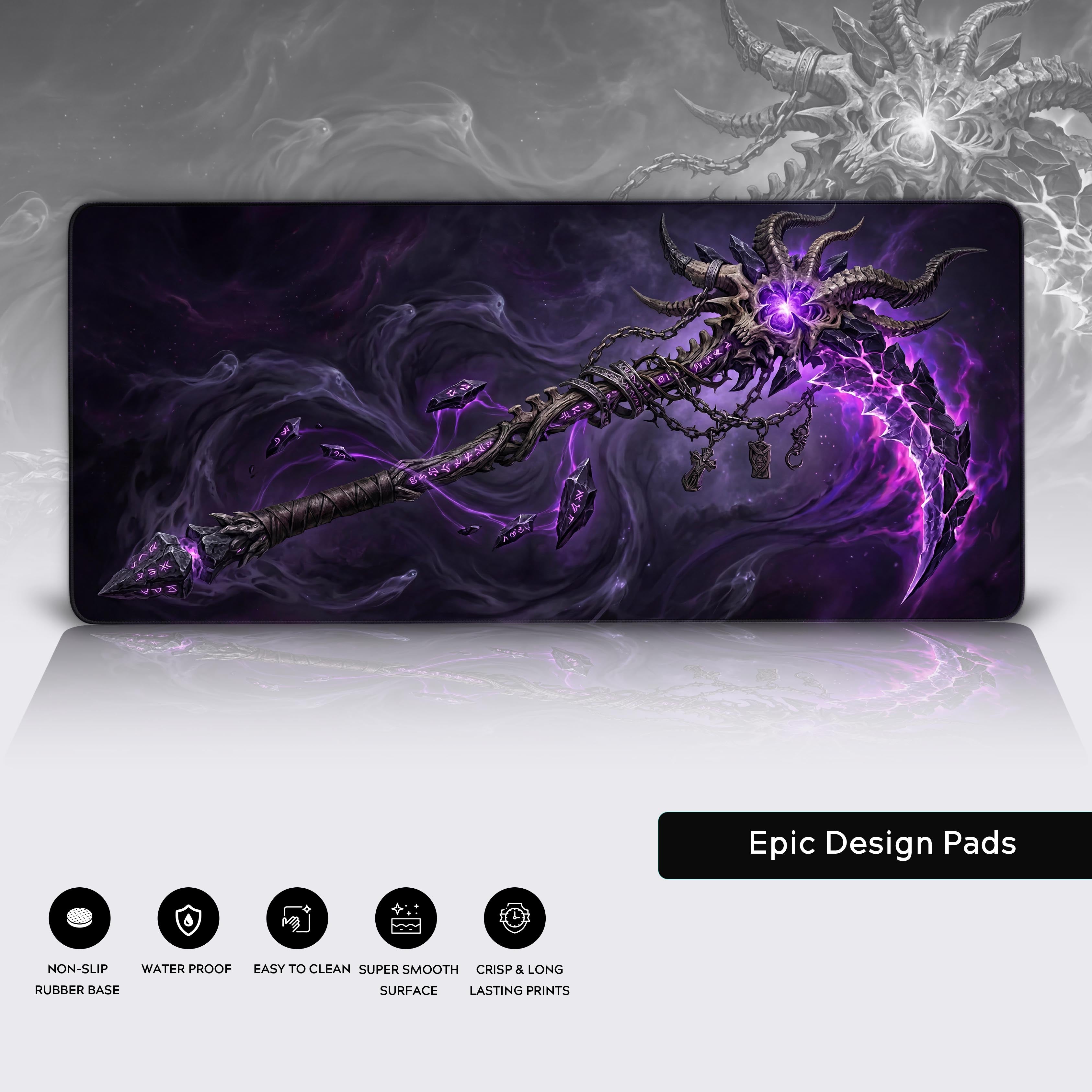 Epic Design Pads desk mat showcasing its waterproof, easy to clean, and non-slip rubber base features with dark fantasy scythe art.