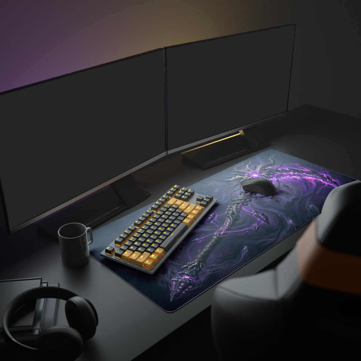 Void Scythe desk mat in a dark gaming setup with a mechanical keyboard, a mouse and headphones