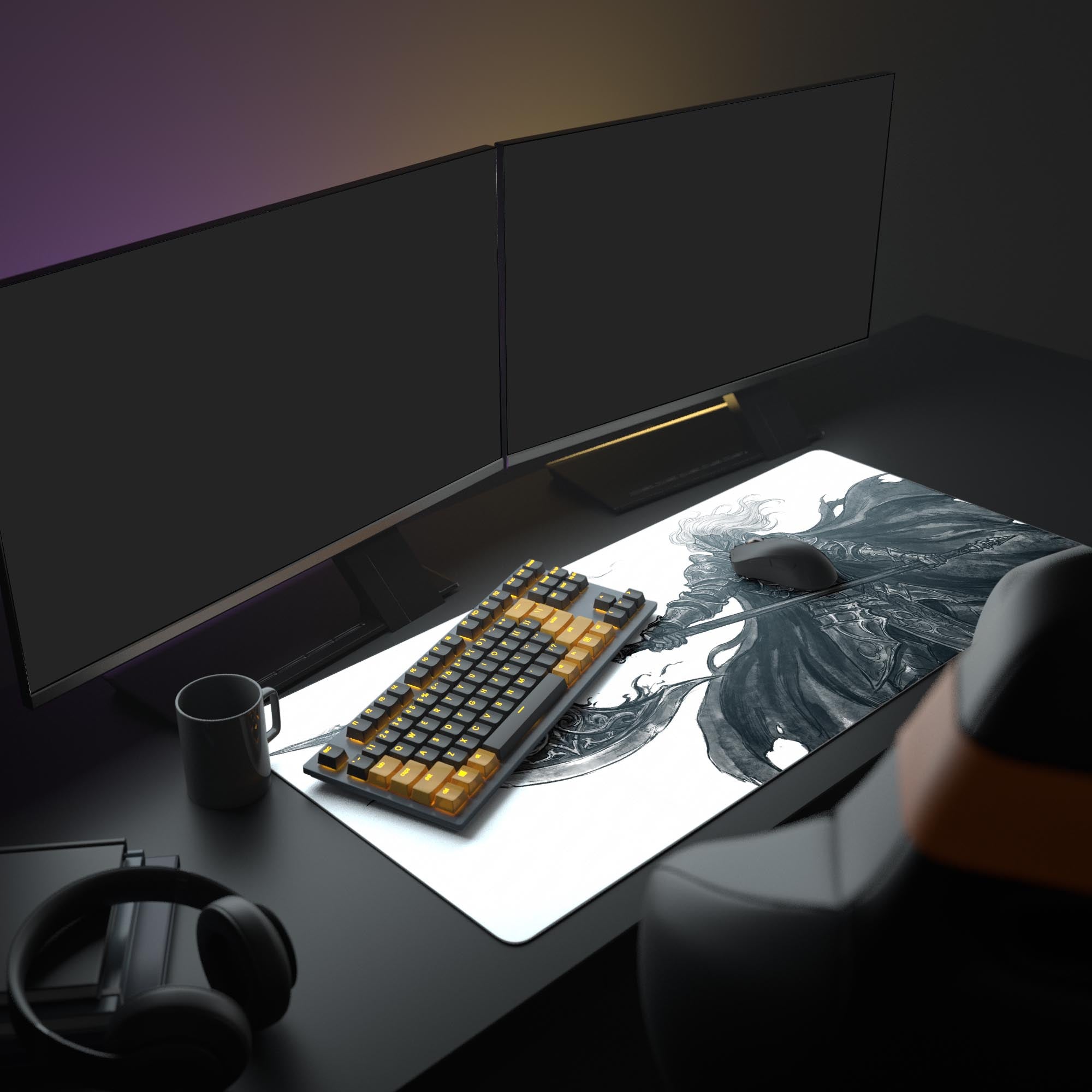The Void Vanguard mouse pad enhances a dark gaming setup, its epic knight design unifying the space beneath glowing monitors and a mechanical keyboard. - Epic Design Pads & Mousepads