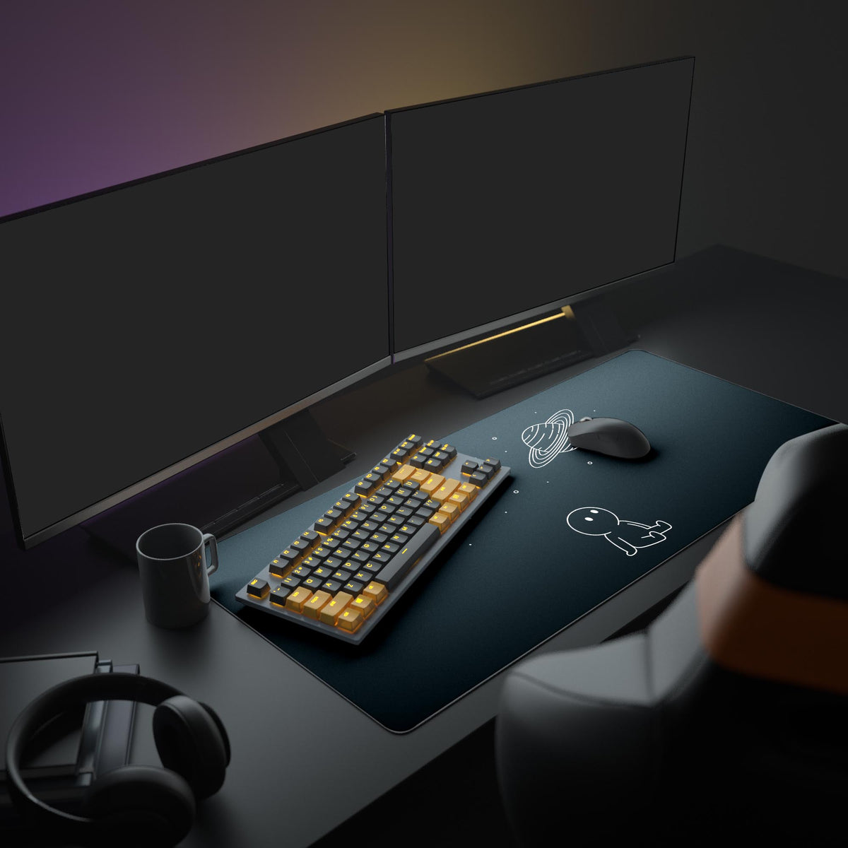 A full minimalist PC setup featuring the Void Watcher gaming desk mat. The cosmic design complements the monitor and provides ample space for a keyboard and mouse, enhancing the workspace aesthetic. - Epic Design Pads & Mousepads