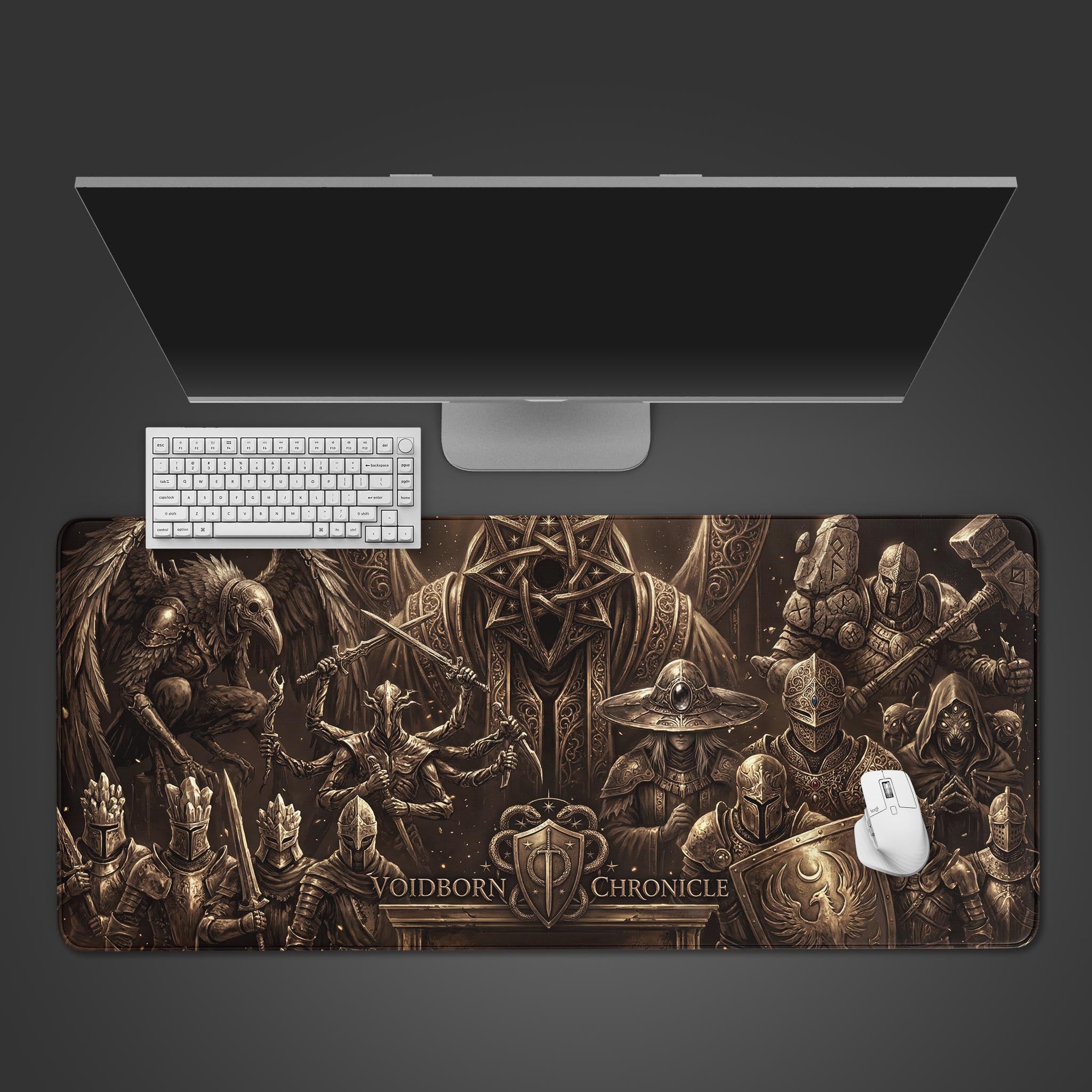 The Voidborn Chronicle gaming desk mat displayed on a dark surface with a white keyboard and mouse, showcasing its epic dark fantasy artwork. - Epic Design Pads & Mousepads