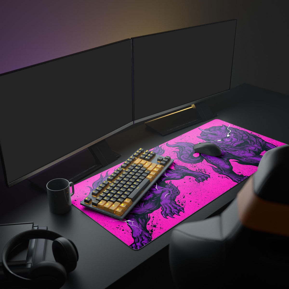 A full gaming setup showcasing the vibrant purple and pink Voltage Beast mouse pad, complete with a monitor, glowing keyboard, and ergonomic mouse. - Epic Design Pads & Mousepads
