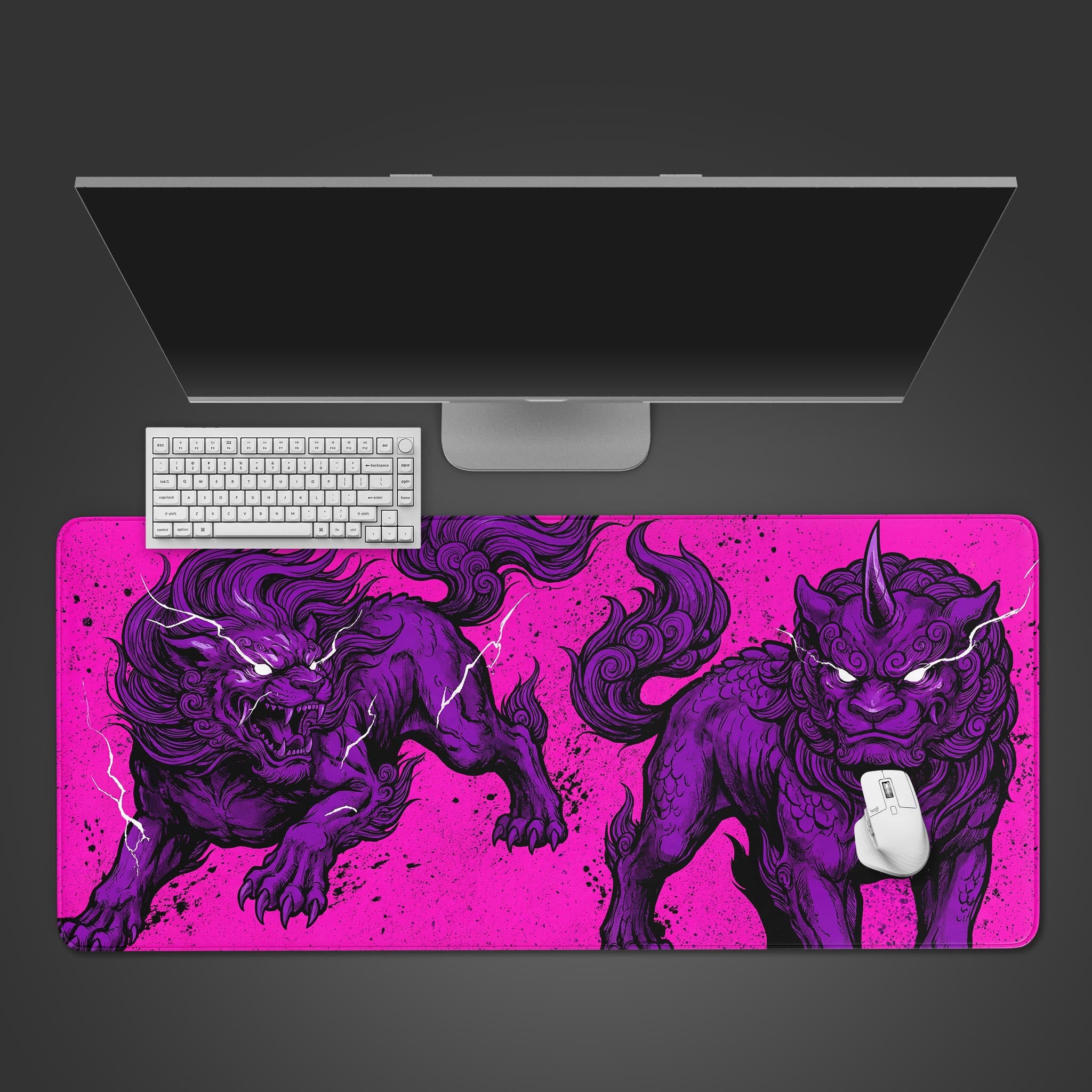 Top-down view of the Voltage Beast gaming desk mat featuring purple Komainu guardian lions, shown with a white keyboard and mouse on a dark background. - Epic Design Pads & Mousepads