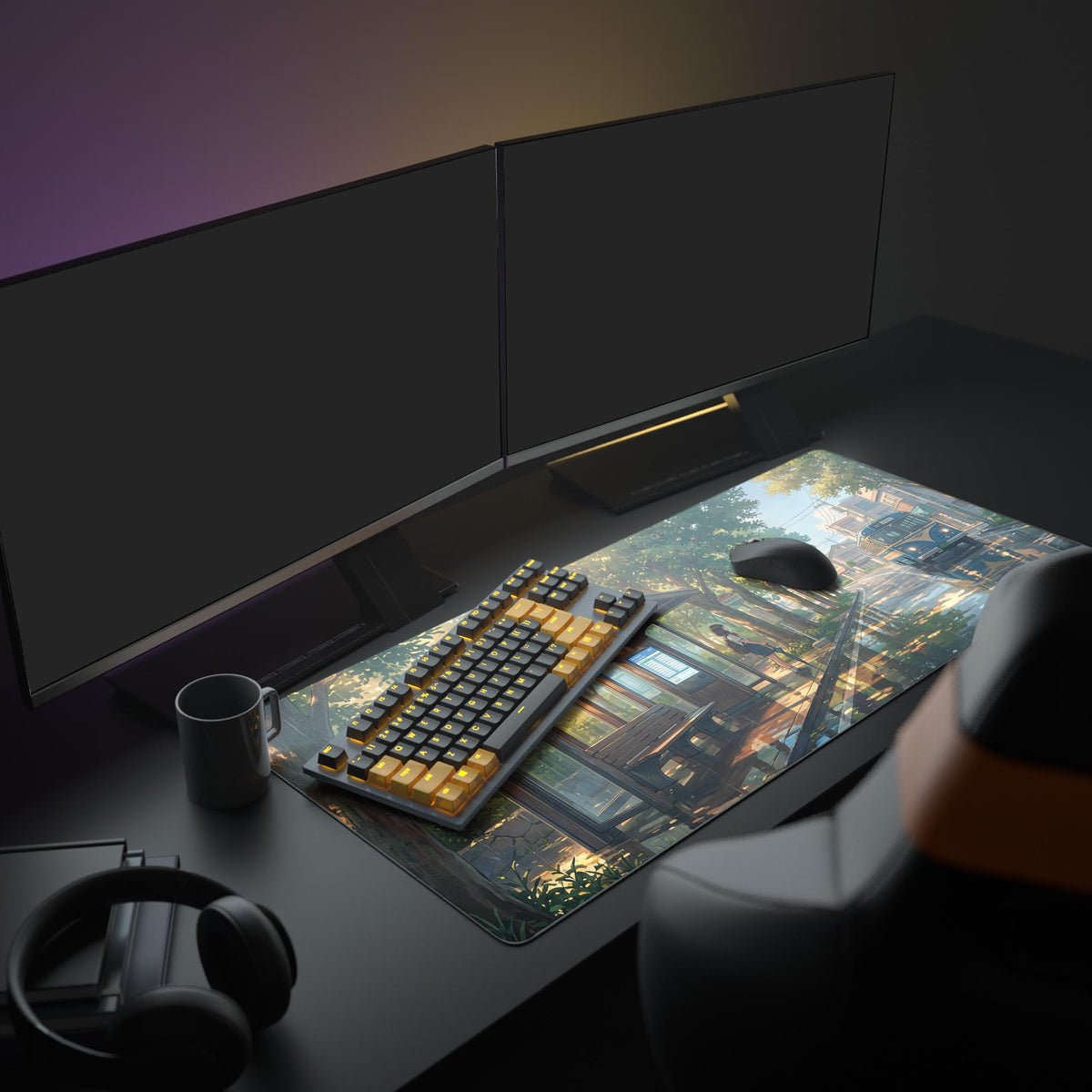 A cozy PC setup featuring the 'Waiting for Home' anime mouse pad, which displays a rainy Japanese street scene under a monitor and peripherals. - Epic Design Pads & Mousepads