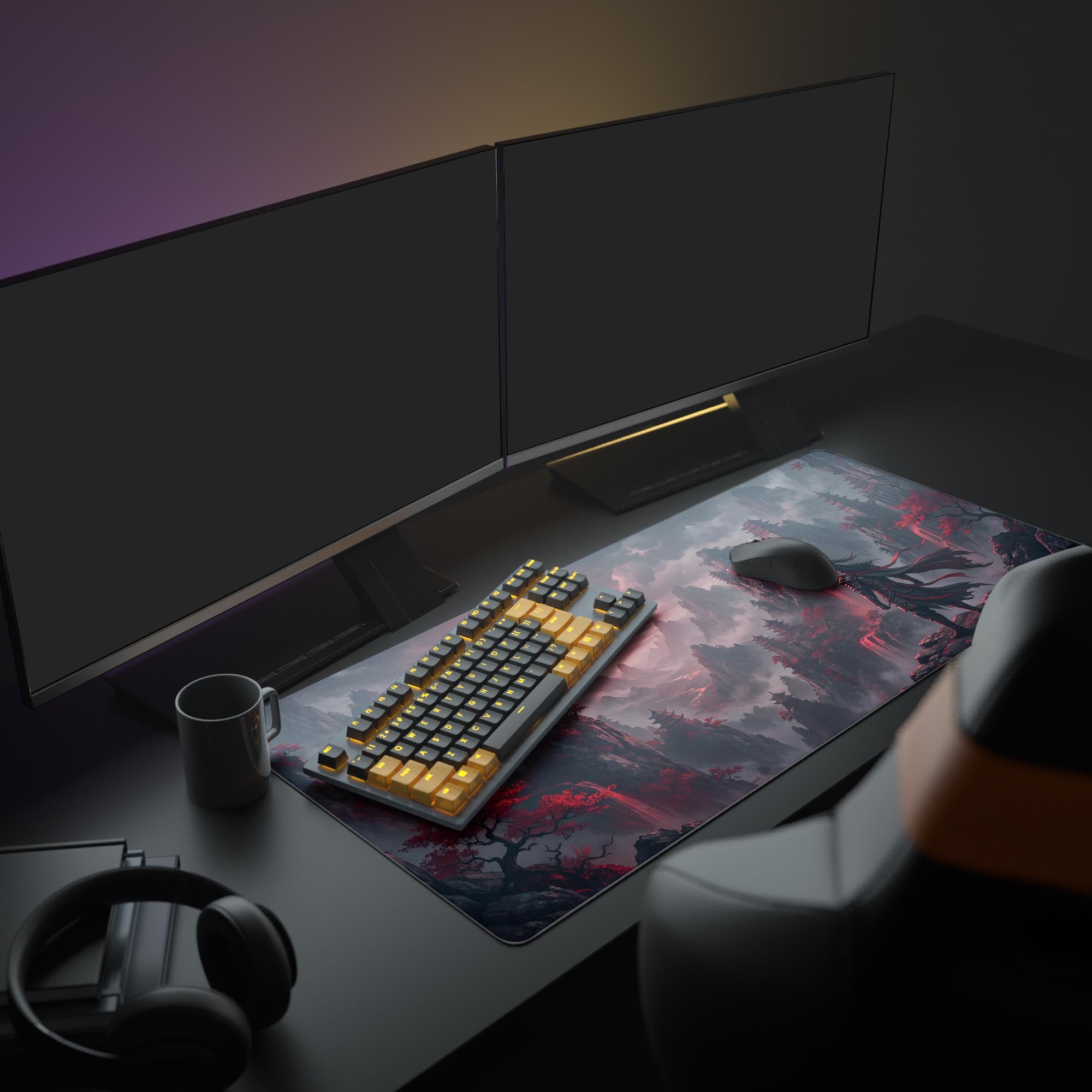 Close up of the traditional mountain temples and glowing red waterfalls painted on the desk mat.