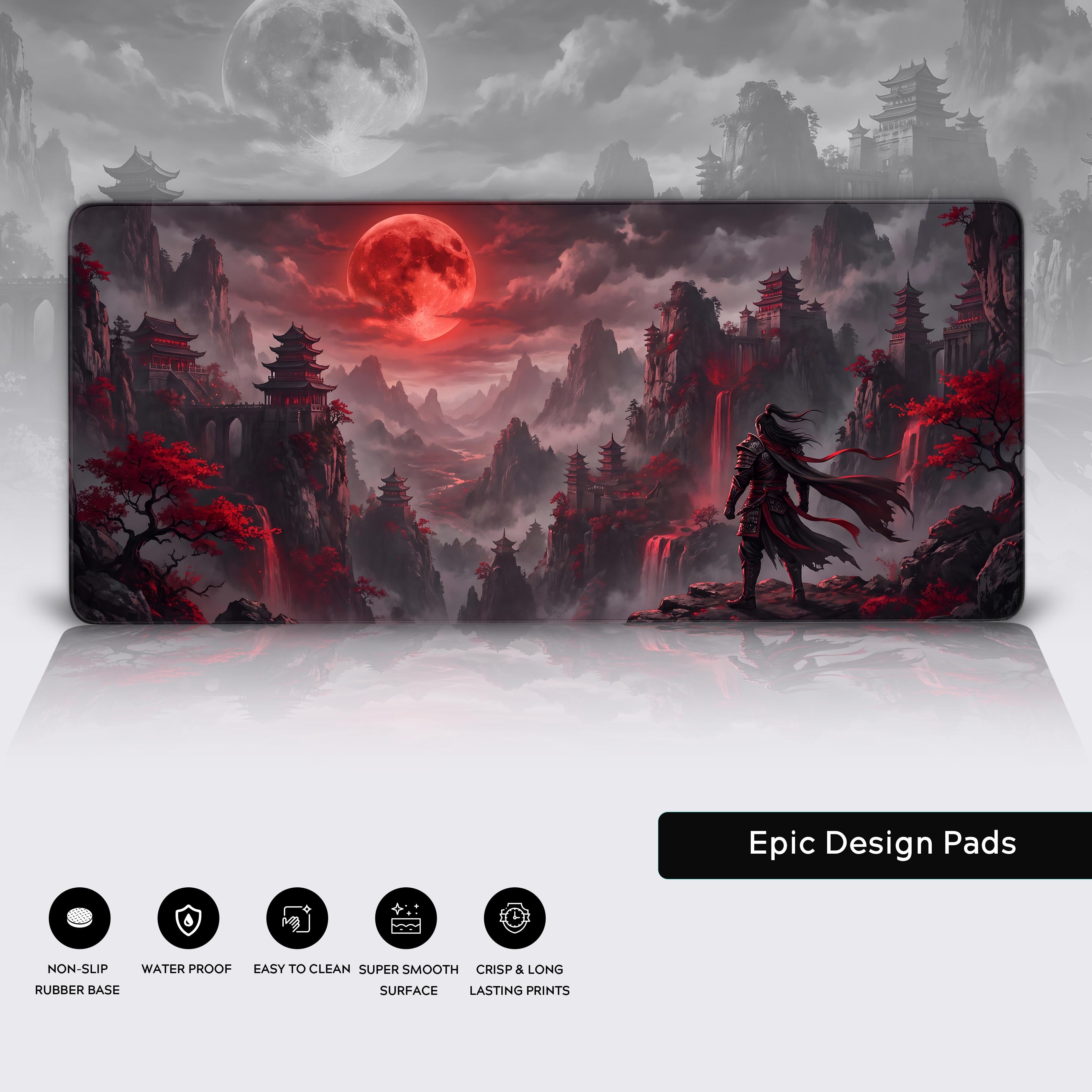 Full view of the blood moon warrior desk pad resting over a white surface with product feature icons.