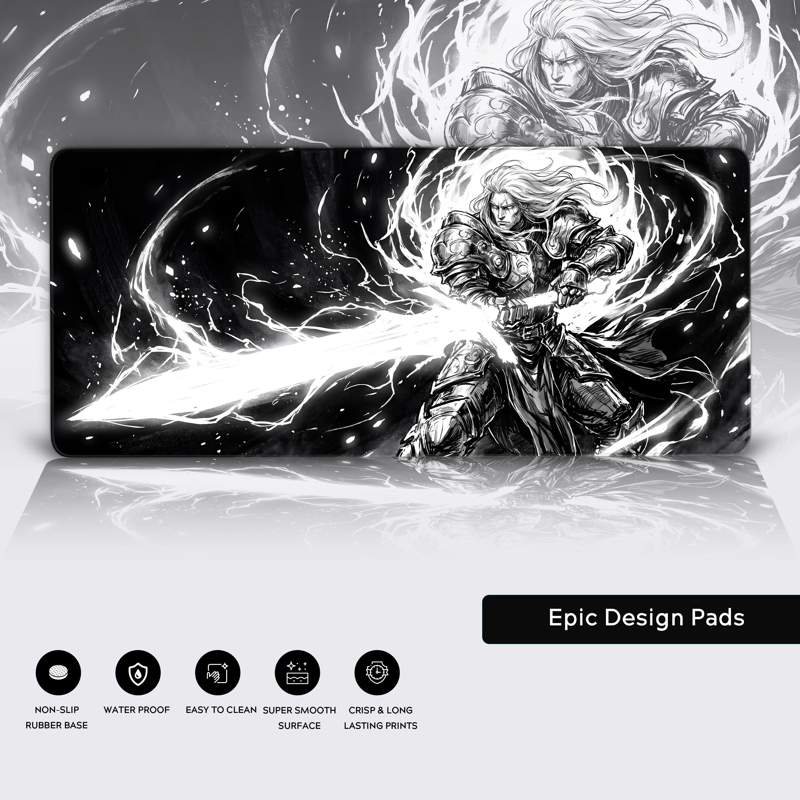 Epic dark fantasy warrior desk mat shown in a modern gaming setup environment