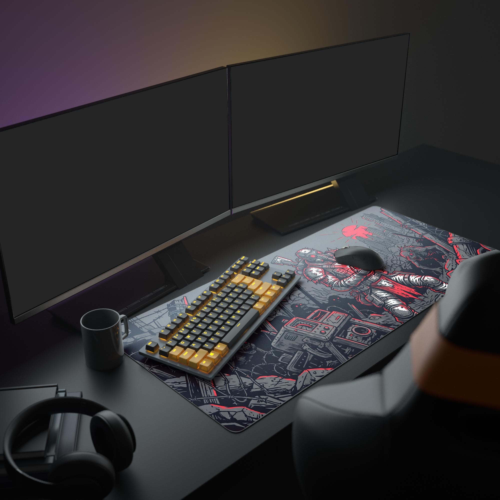 Close-up of the desolate ruined city and mutant creatures on the dark sci-fi gaming mouse pad
