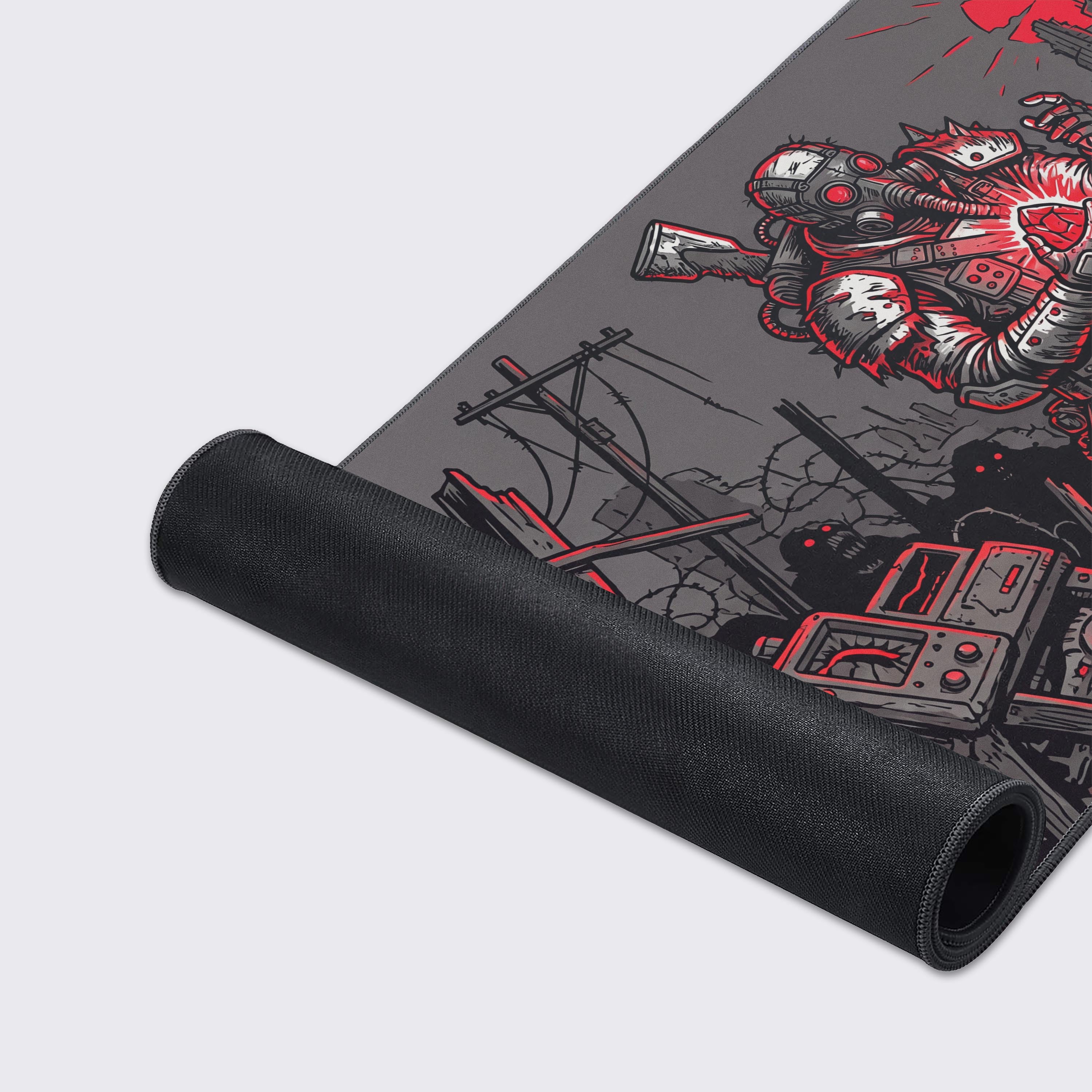 Grayscale and crimson desk pad showcasing high-quality water-proof and non-slip features