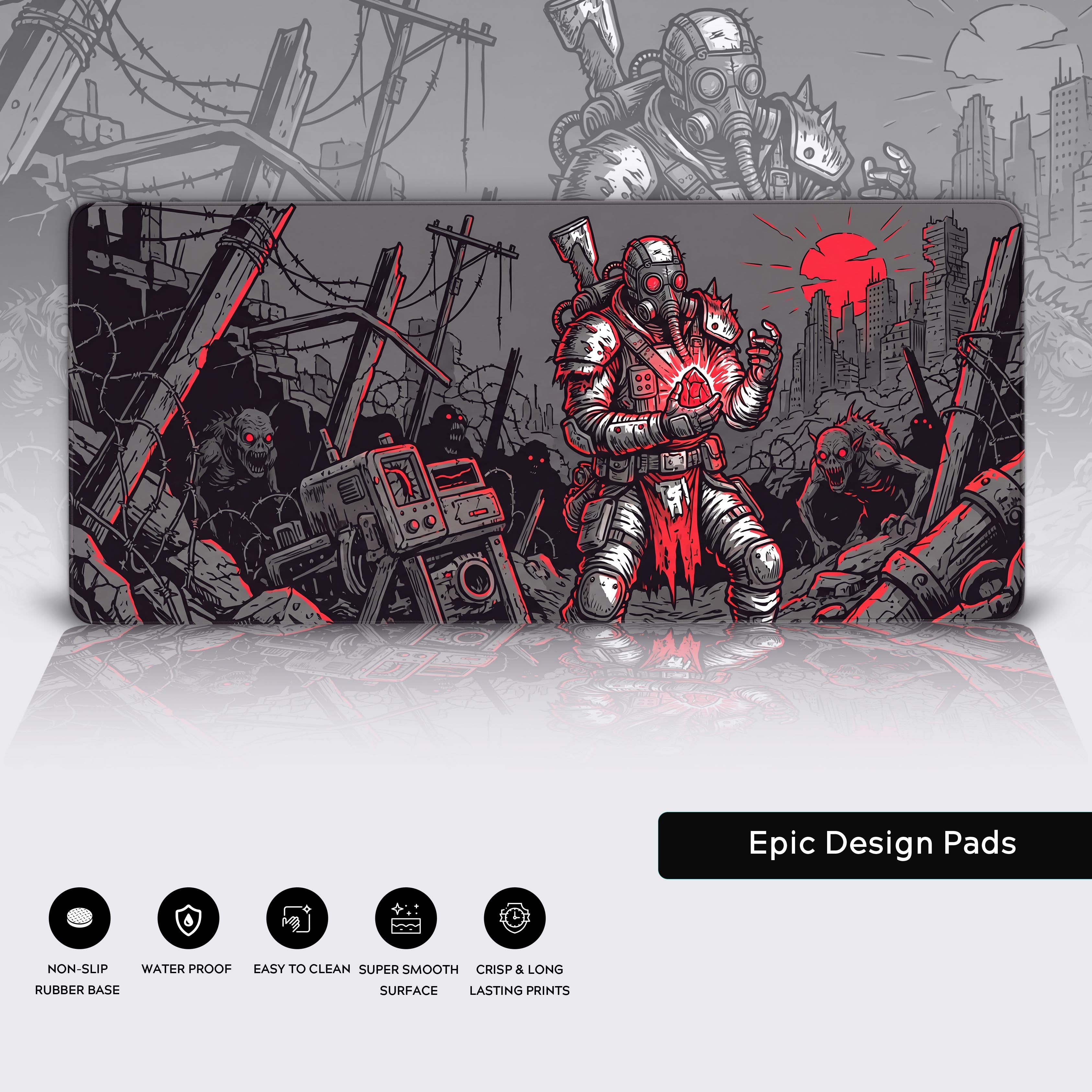 Epic post-apocalyptic gaming setup featuring the Wasteland Survivor large desk mat