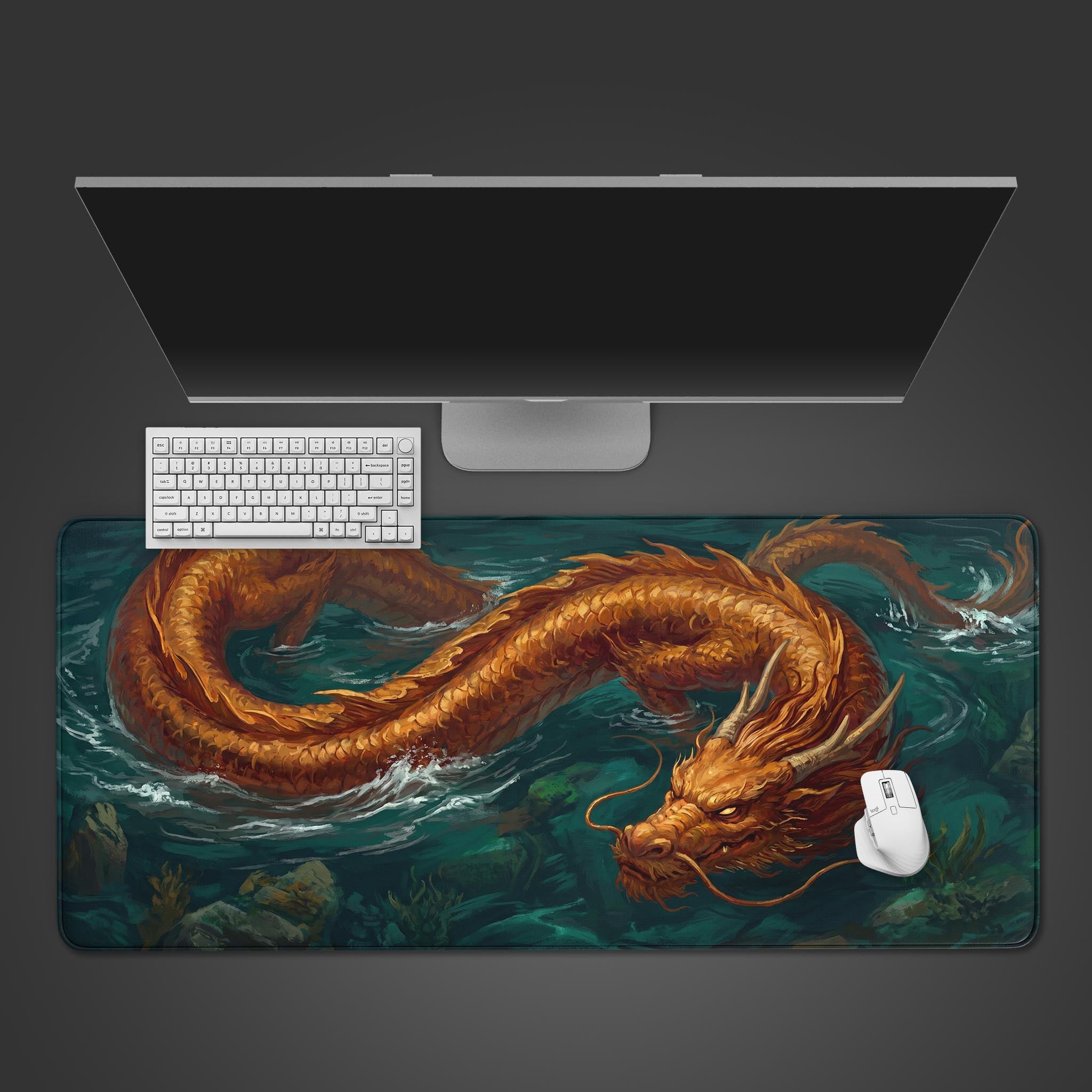 Golden water dragon desk mat with epic fantasy illustration