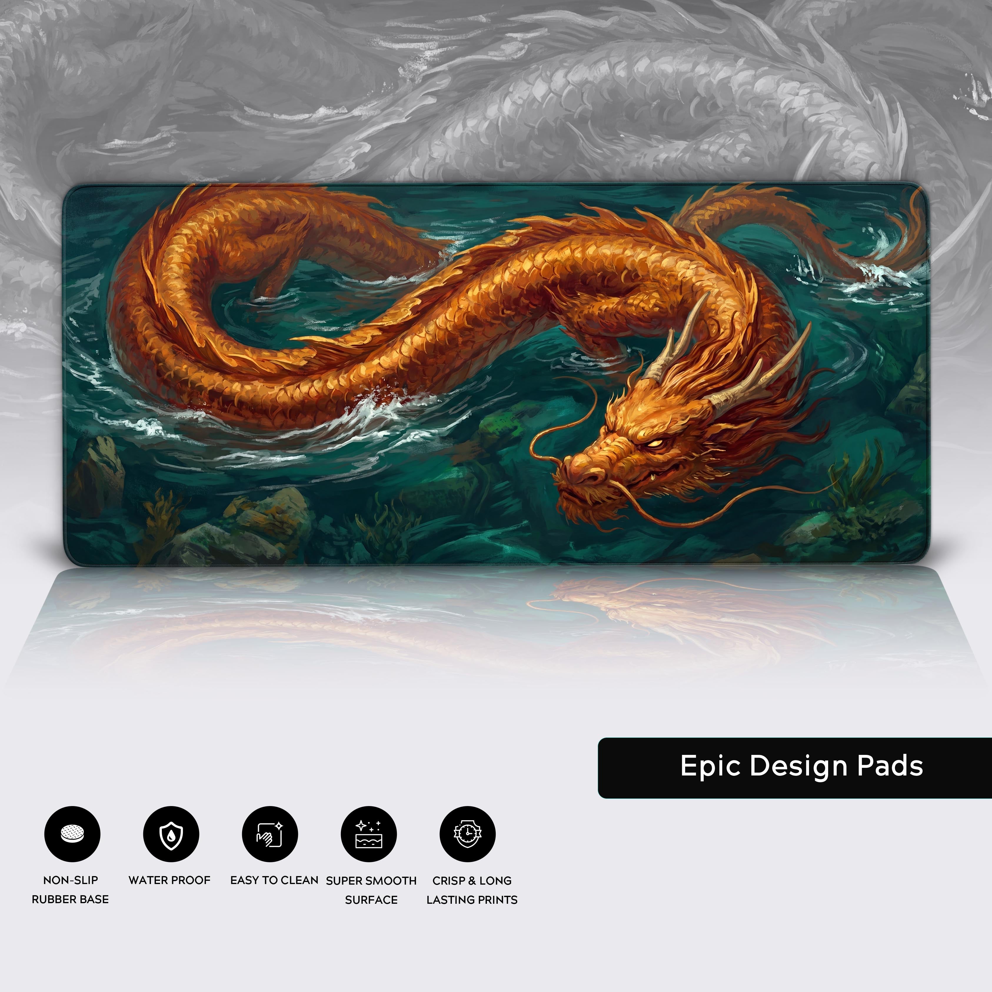 Epic Design Pads non-slip rubber base desk mat featuring a golden sea serpent