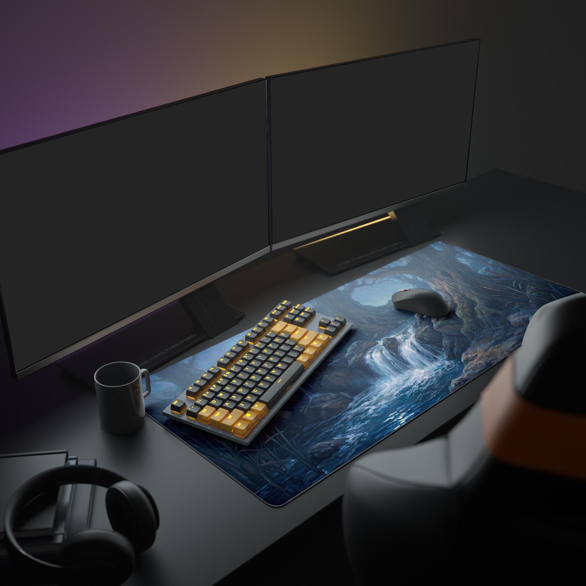 Close-up of the smooth tracking surface featuring deep blue water and enchanted forest art