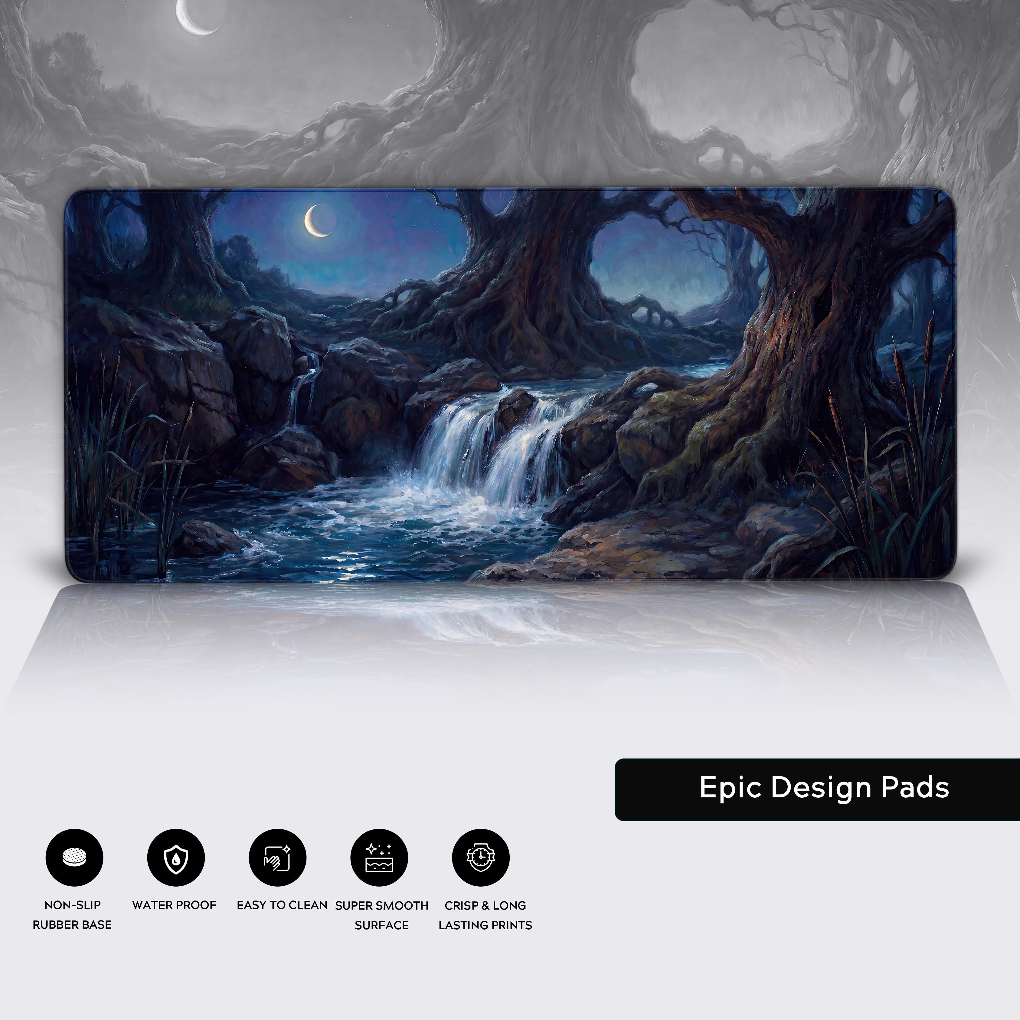 Large desk mat with dark mystical nature aesthetic enhancing a modern gaming setup