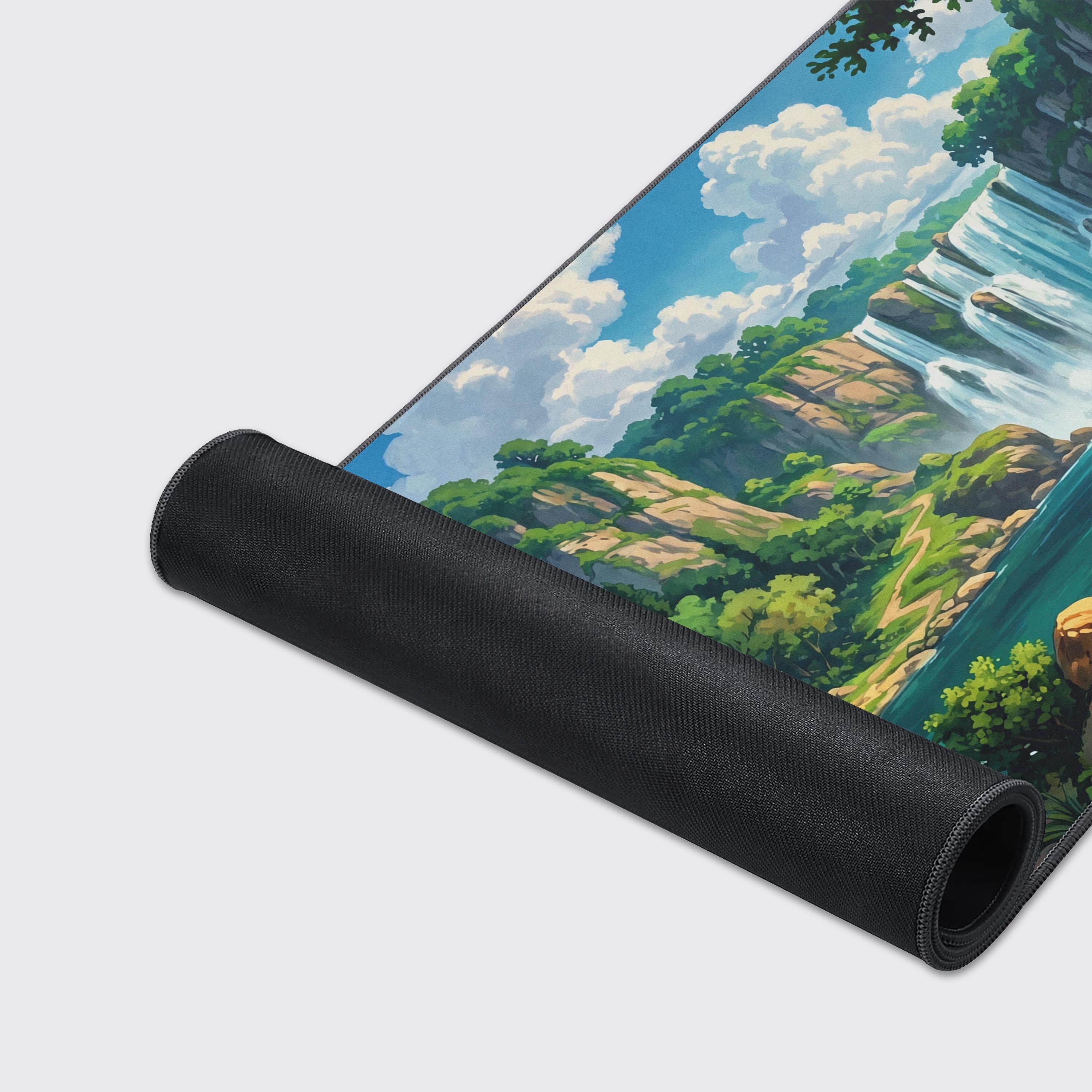 Smooth glide surface of the serene waterfall and river desk pad