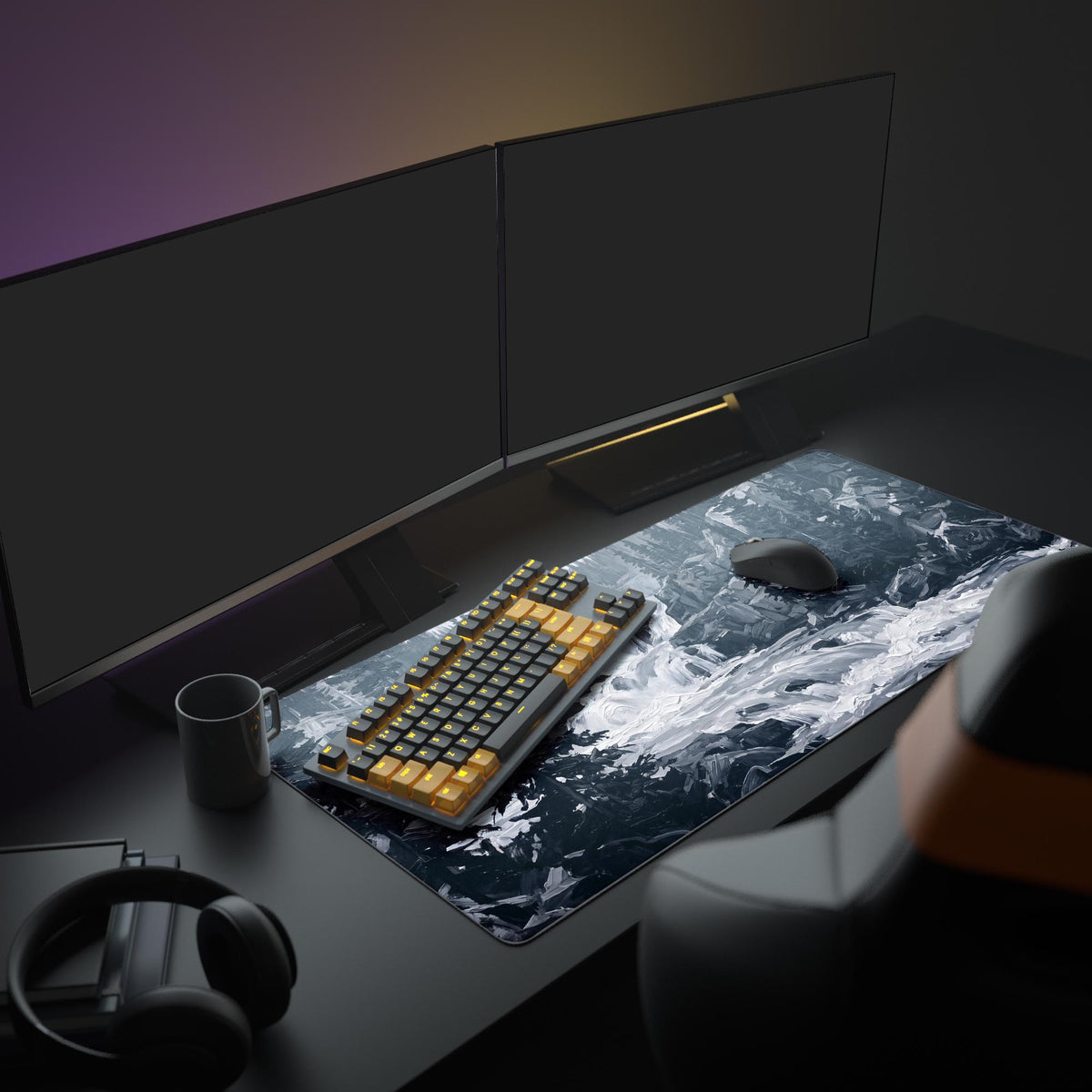 A reflective white surface mirroring the black and white landscape desk mat above it.