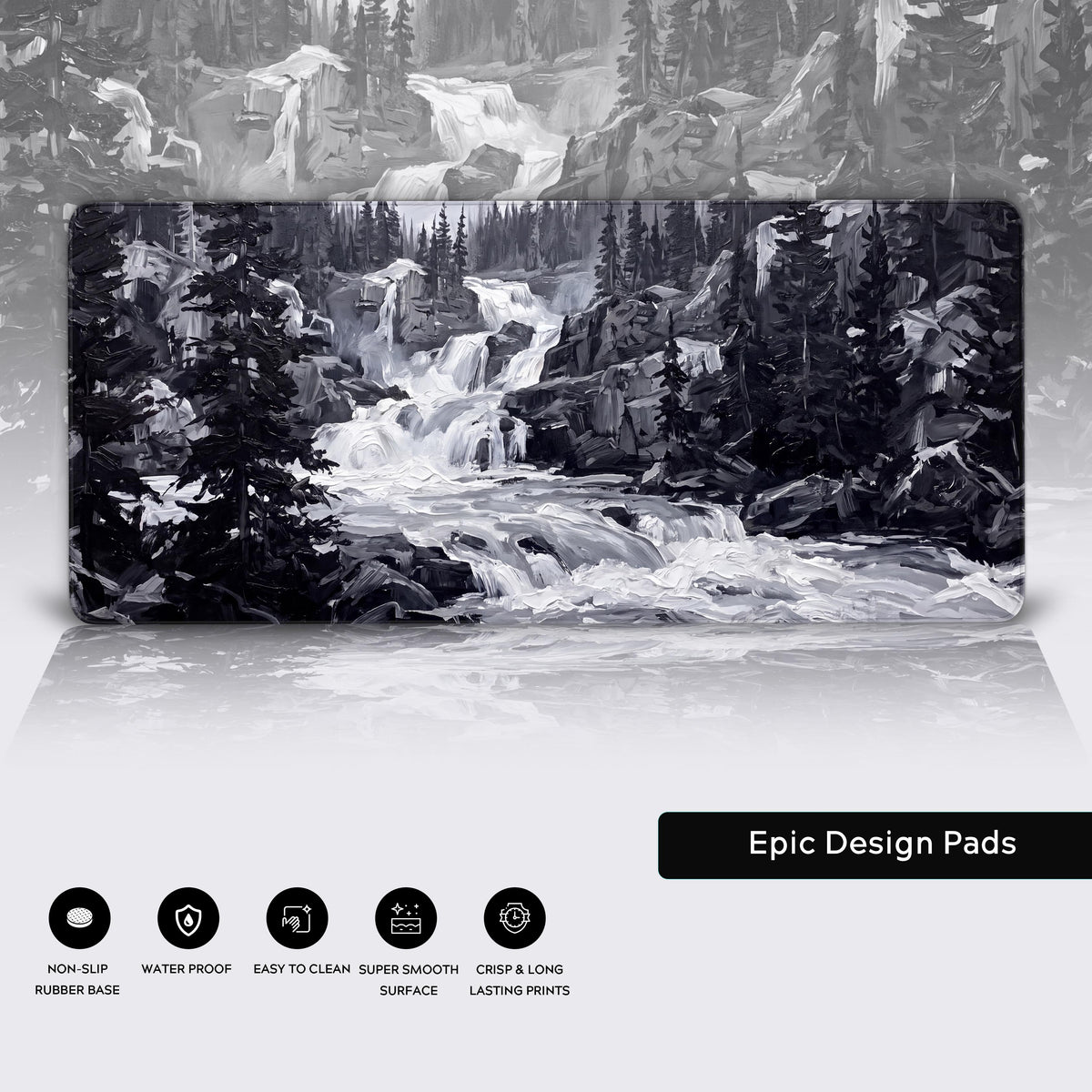 Thick expressive brushstrokes capturing white water rapids against dark pine trees.
