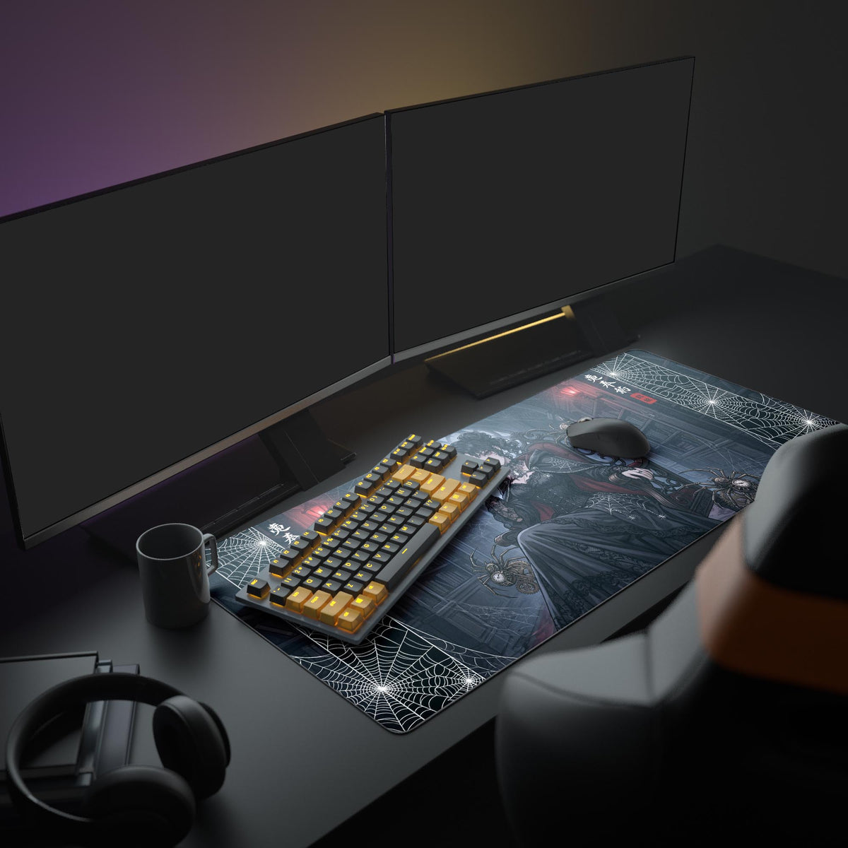 A full PC setup showcasing the Weaver's Throne gaming desk mat, depicting a dark fantasy spider theme beneath a monitor, keyboard, and mouse. - Epic Design Pads & Mousepads
